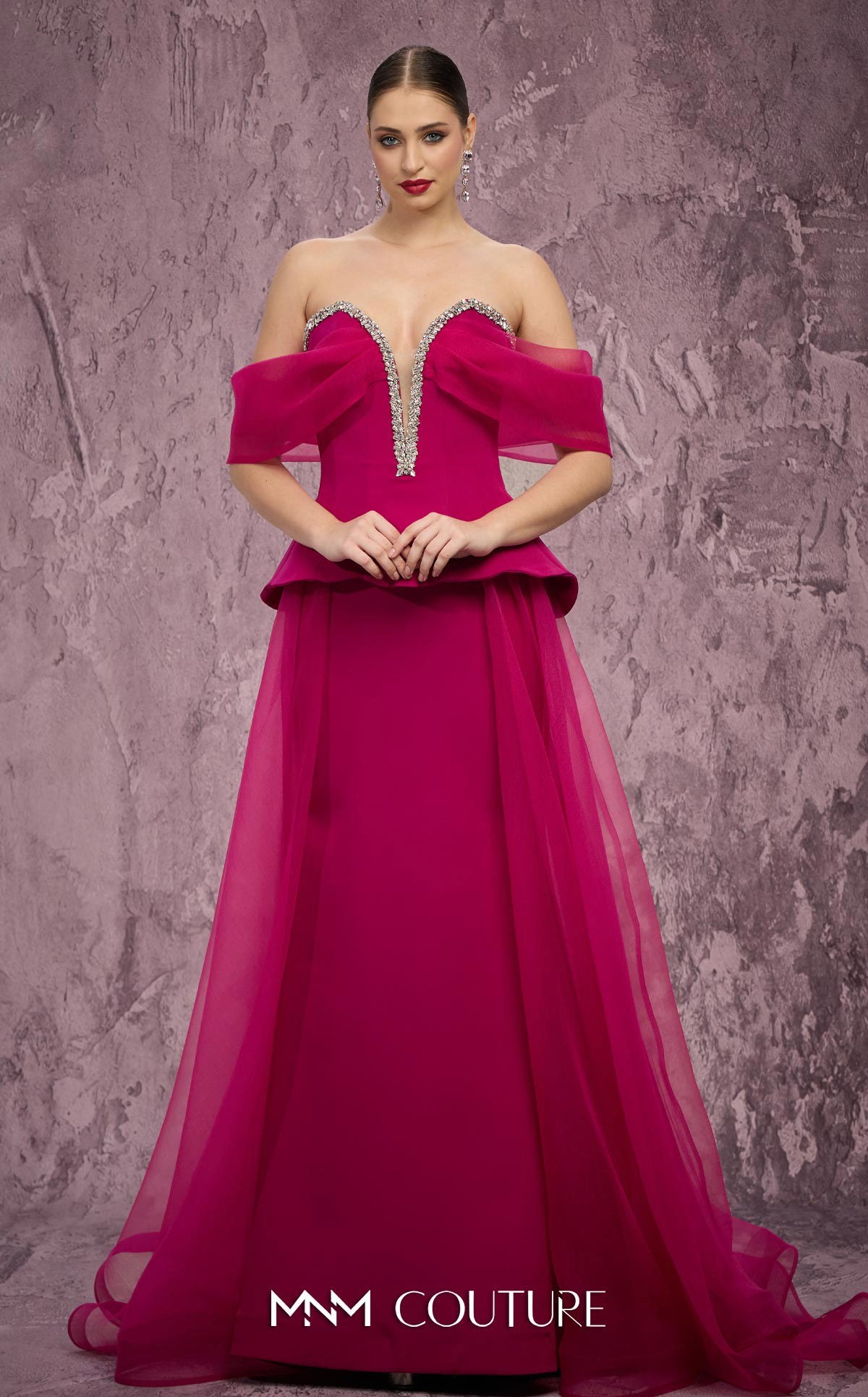 MNM Couture Q1010 Fuchsia Organza & Crepe Ballgown with Crystal Trim Bodice