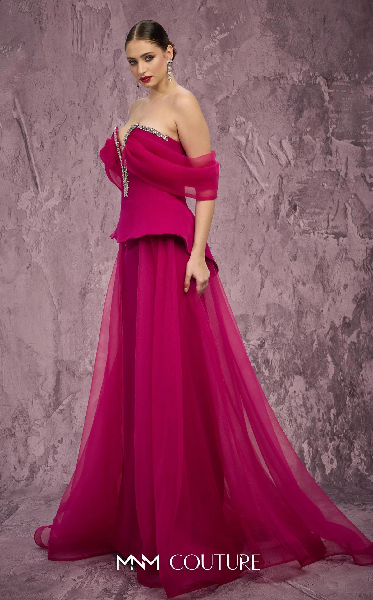 MNM Couture Q1010 Fuchsia Organza & Crepe Ballgown with Crystal Trim Bodice
