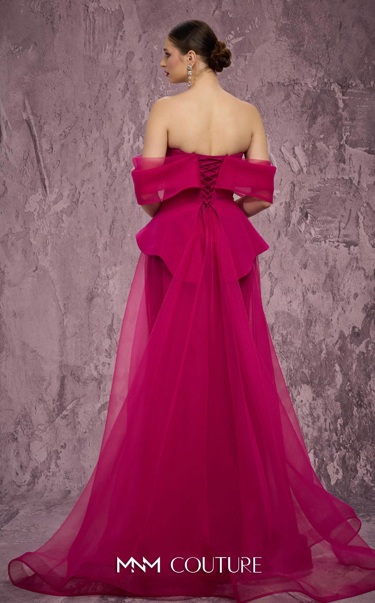 MNM Couture Q1010 Fuchsia Organza & Crepe Ballgown with Crystal Trim Bodice