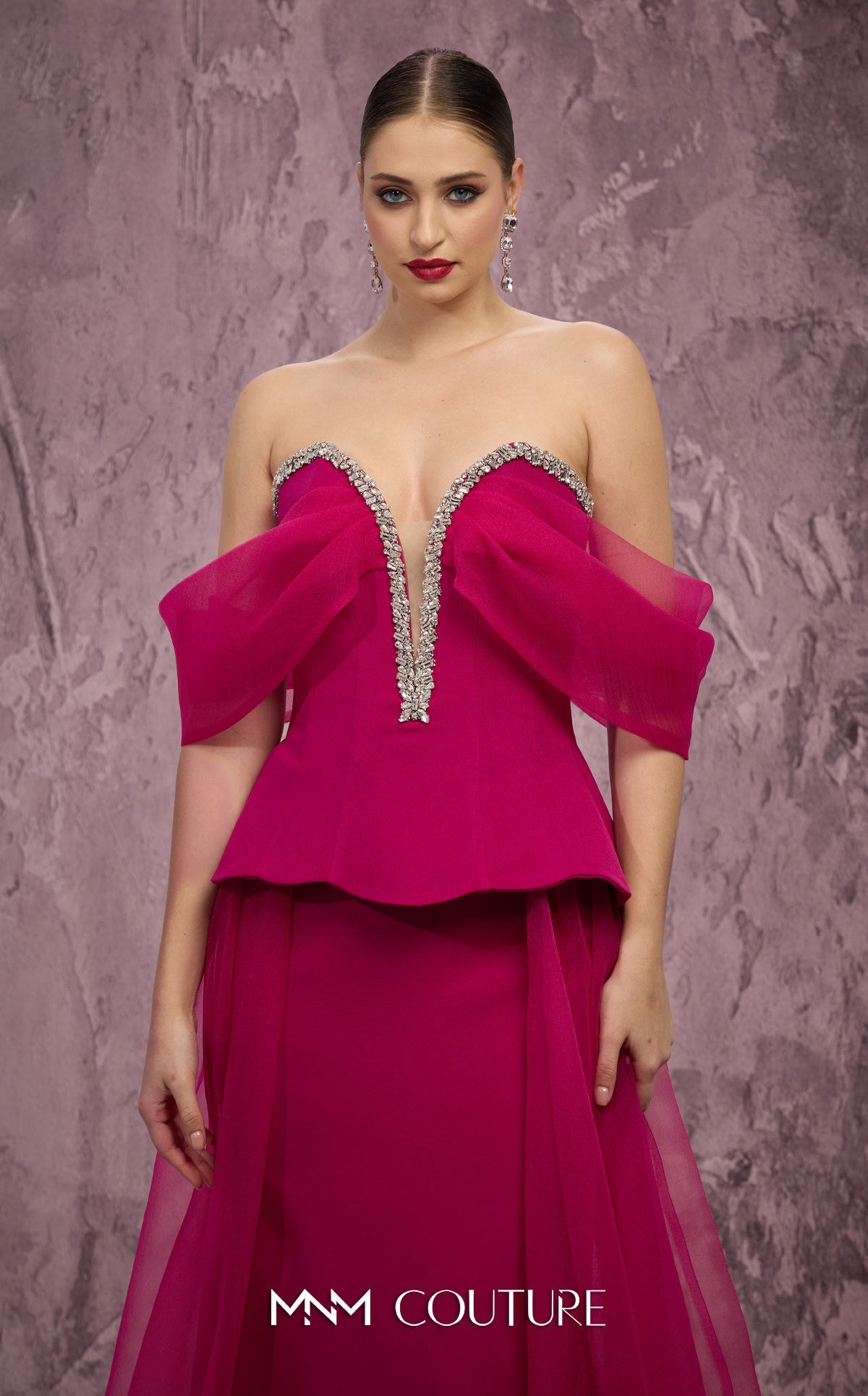 MNM Couture Q1010 Fuchsia Organza & Crepe Ballgown with Crystal Trim Bodice