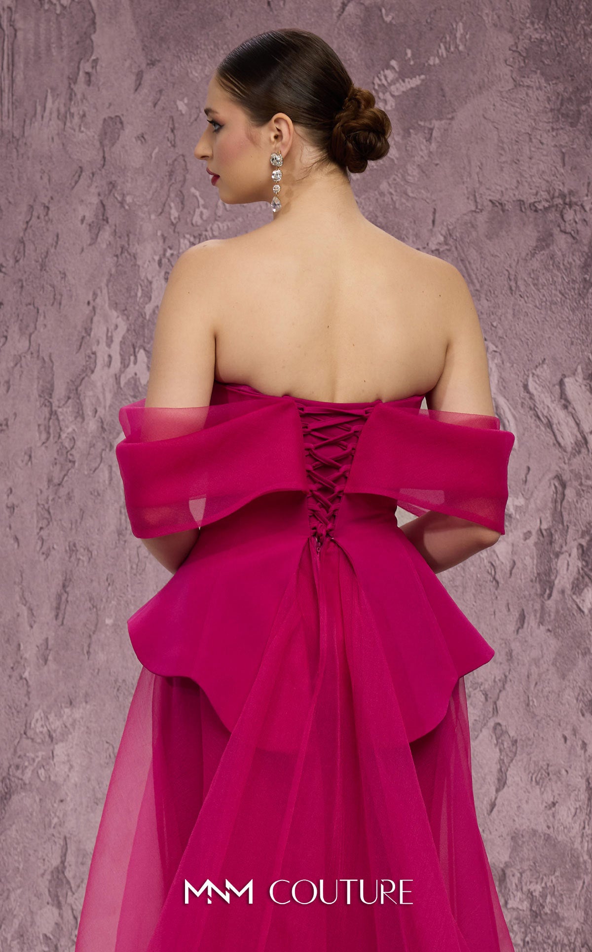 MNM Couture Q1010 Fuchsia Organza & Crepe Ballgown with Crystal Trim Bodice