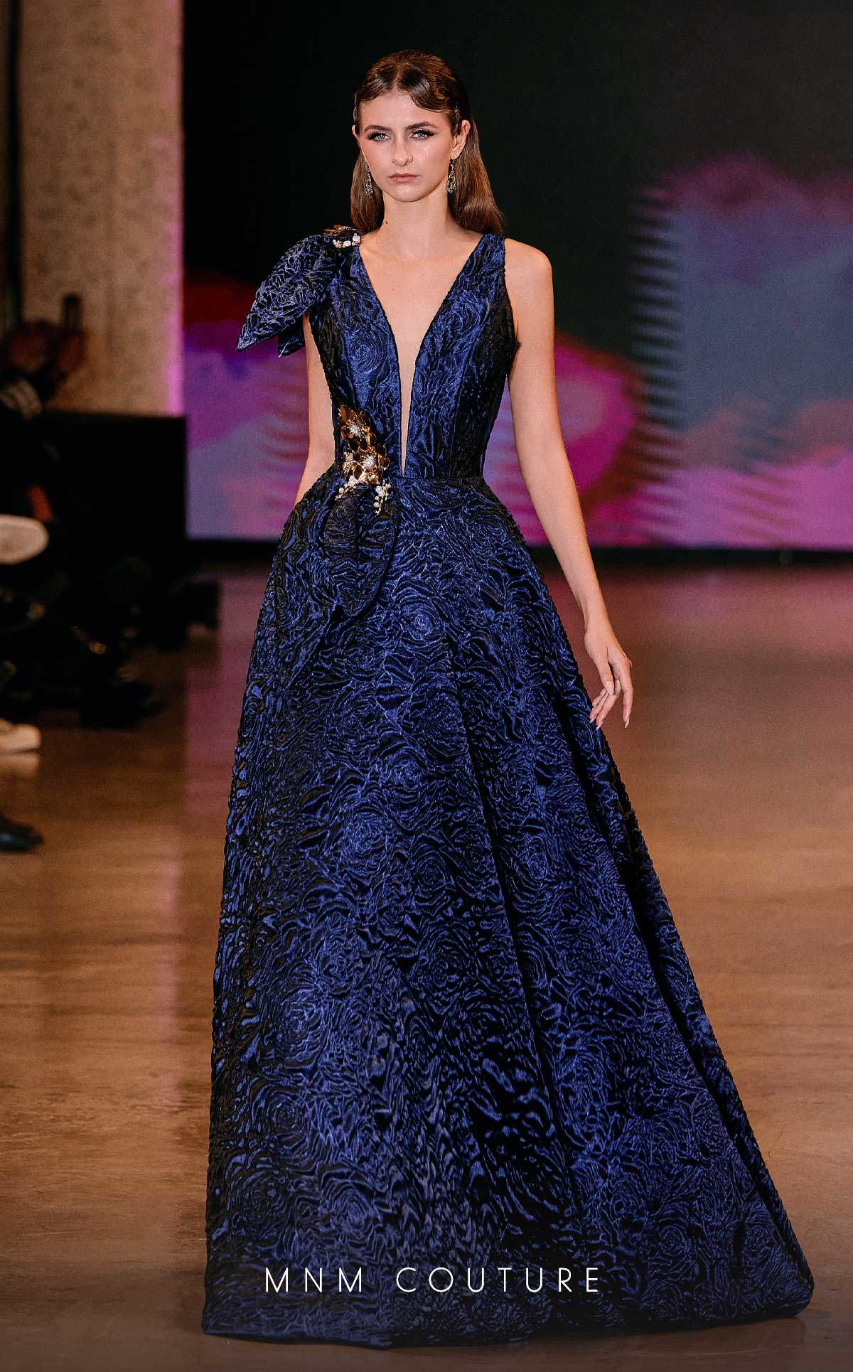 MNM Couture Q1150 Black Sleeveless Brocade Ballgown with Floral Accents