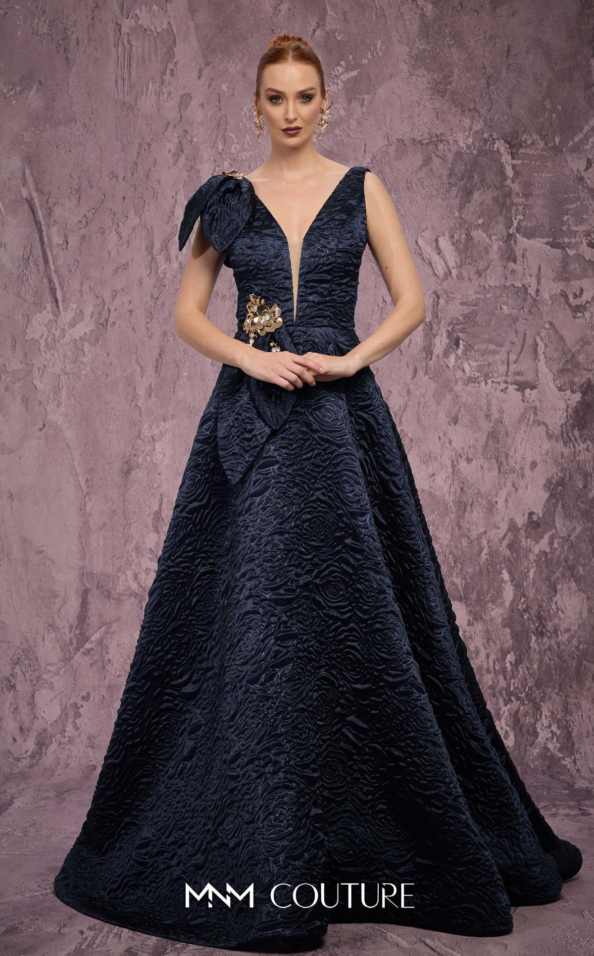 MNM Couture Q1150 Black Sleeveless Brocade Ballgown with Floral Accents