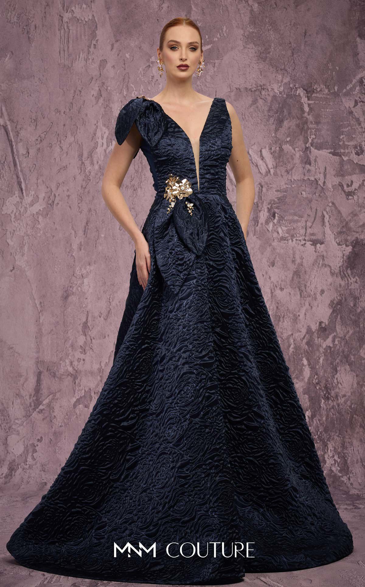 MNM Couture Q1150 Black Sleeveless Brocade Ballgown with Floral Accents