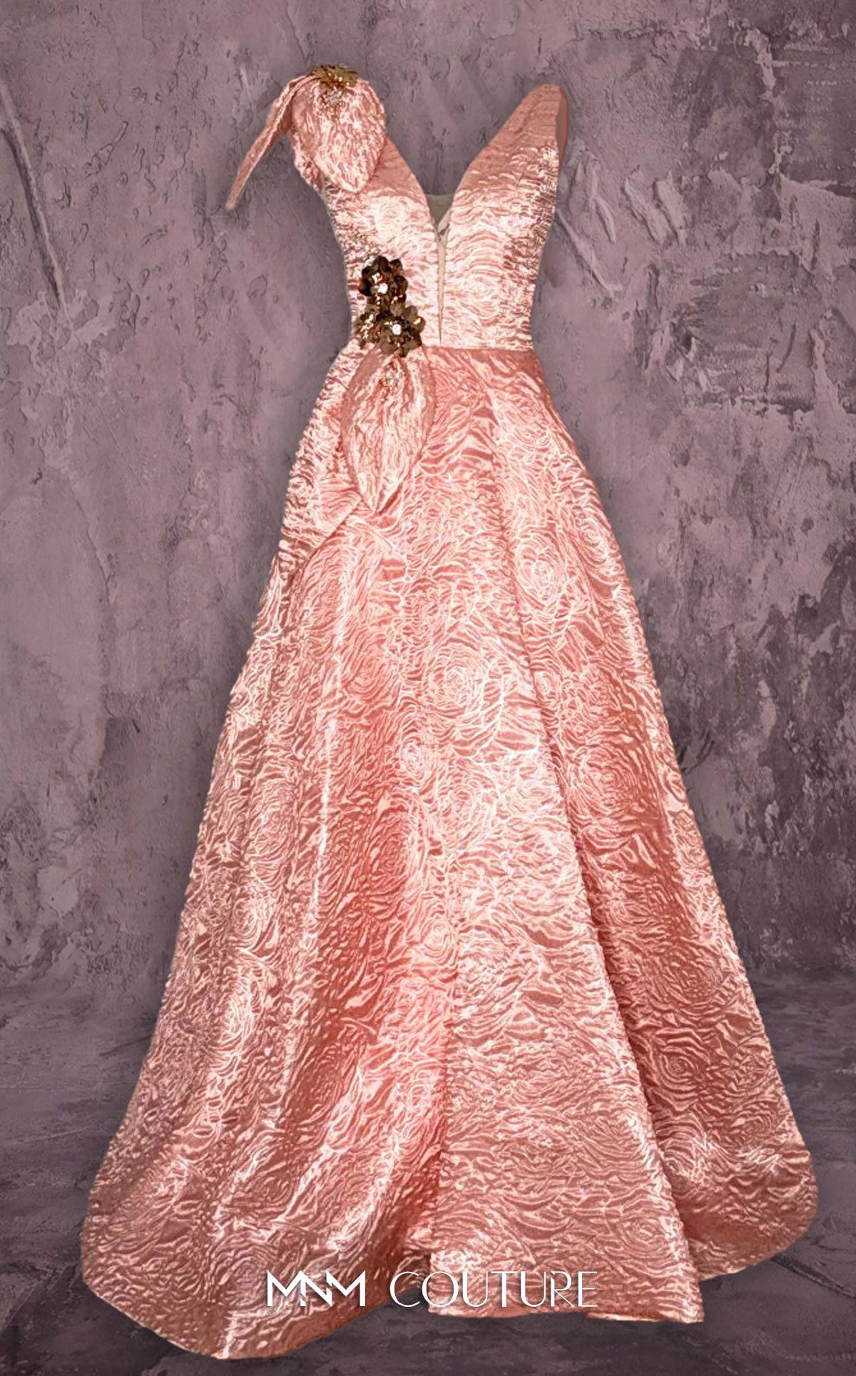 MNM Couture Q1150 Black Sleeveless Brocade Ballgown with Floral Accents