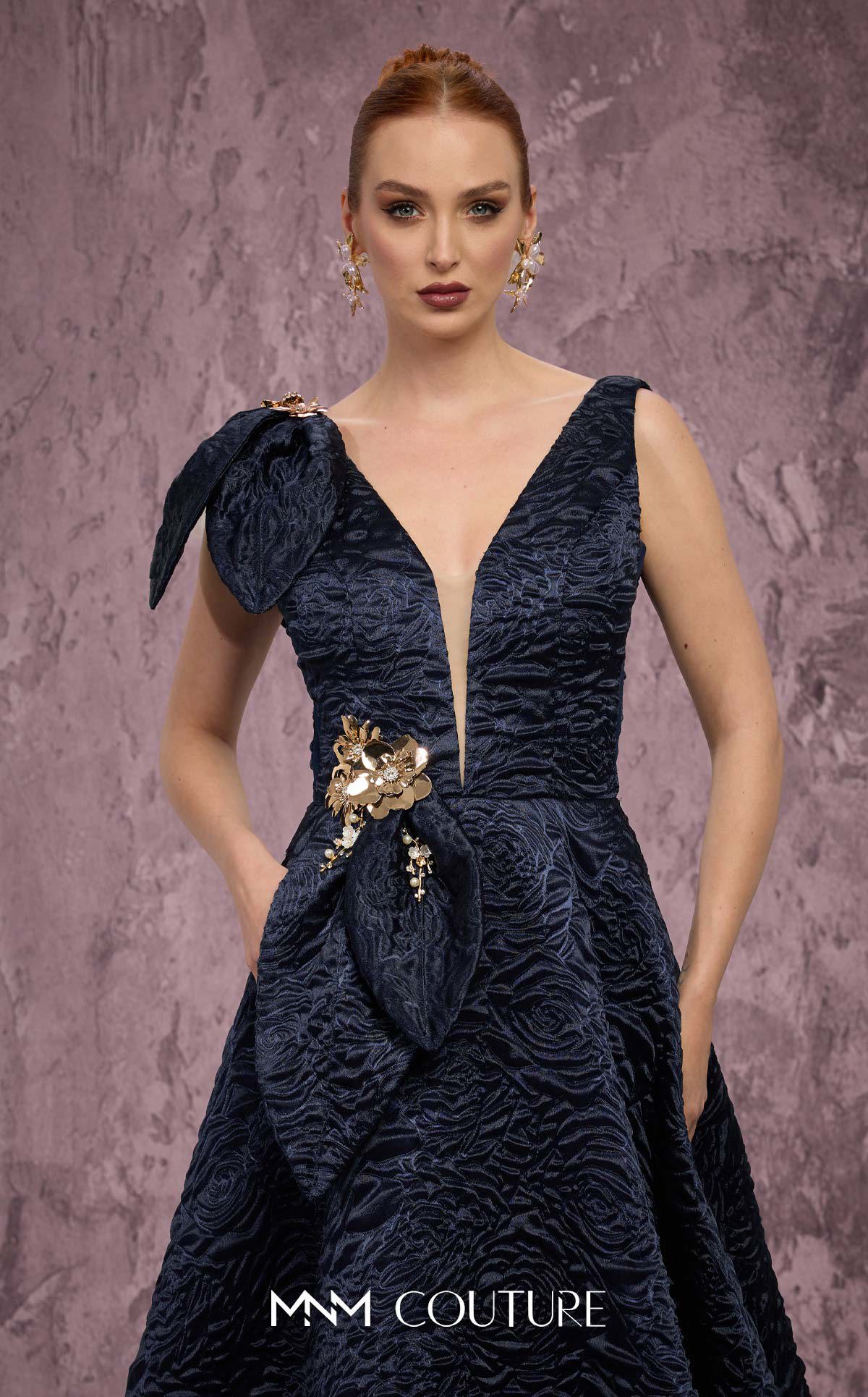 MNM Couture Q1150 Black Sleeveless Brocade Ballgown with Floral Accents