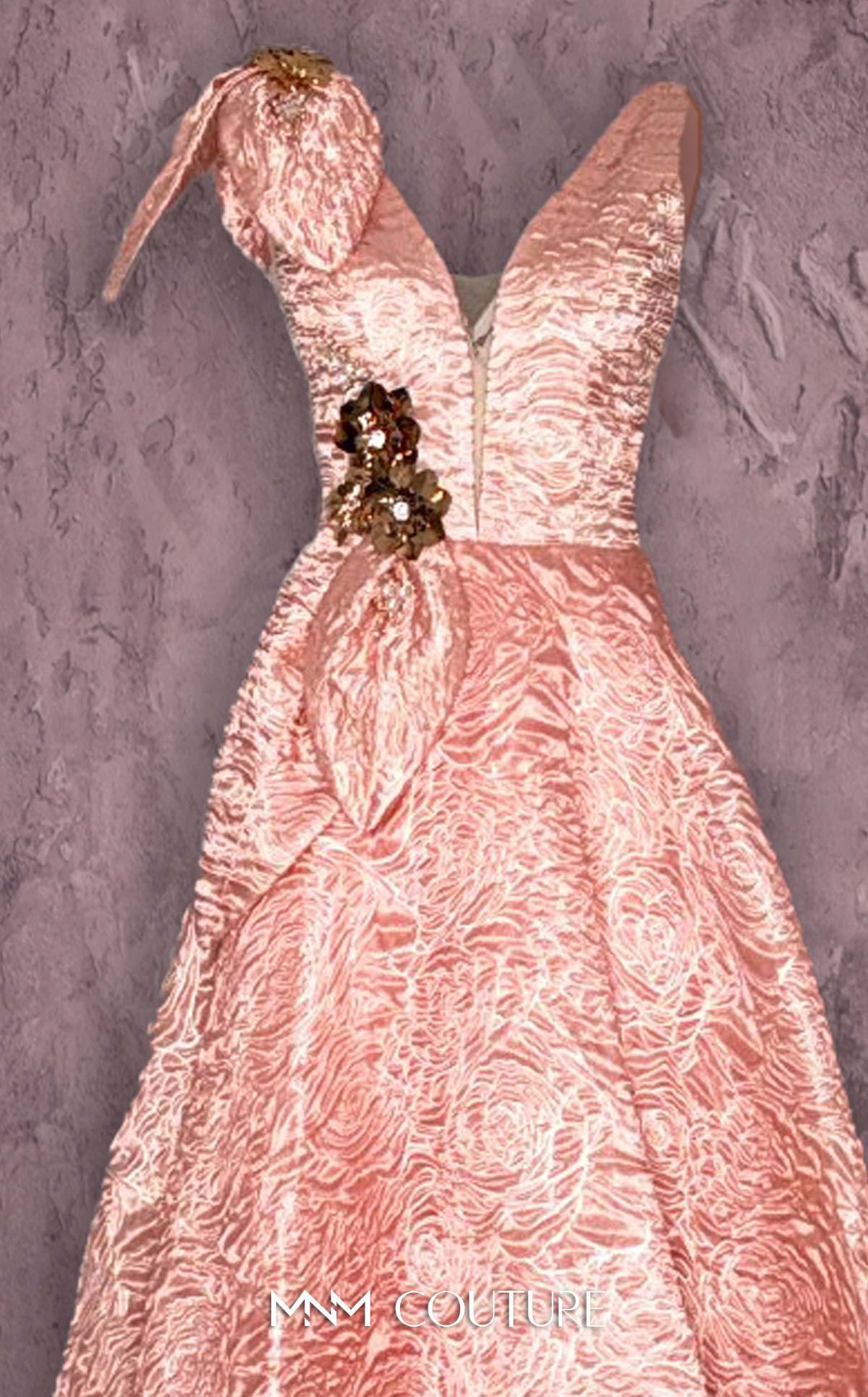 MNM Couture Q1150 Black Sleeveless Brocade Ballgown with Floral Accents