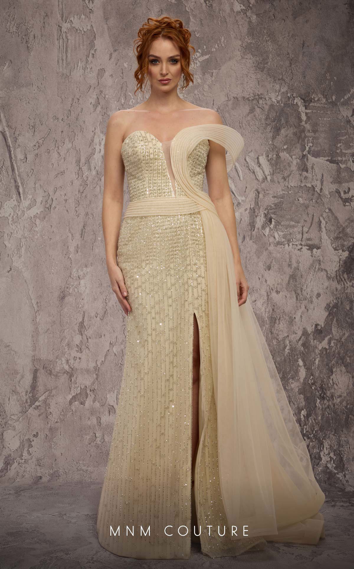 MNM Couture Q1405 Beige Beaded Asymmetrical Strap Gown with Airy Side Train