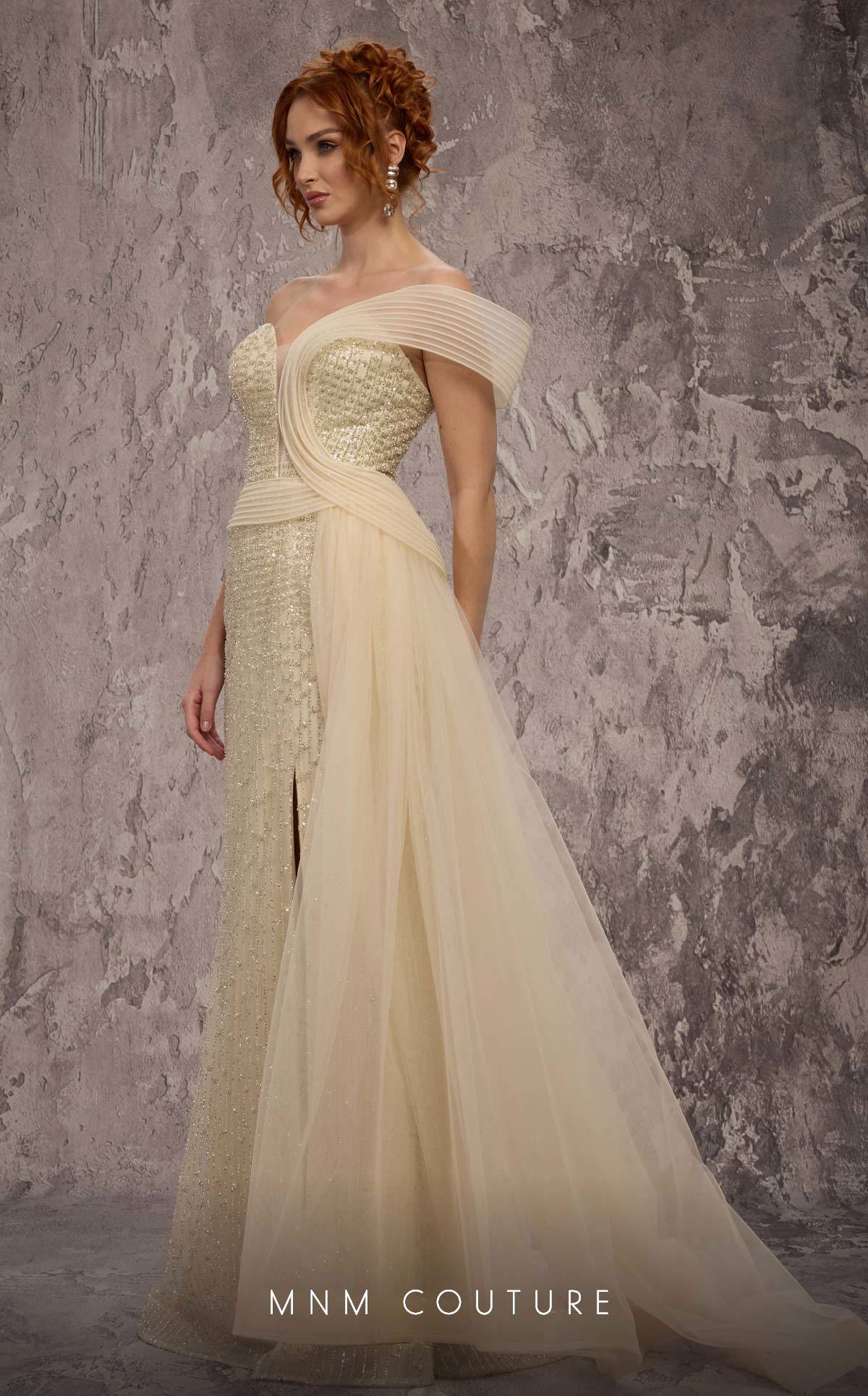 MNM Couture Q1405 Beige Beaded Asymmetrical Strap Gown with Airy Side Train