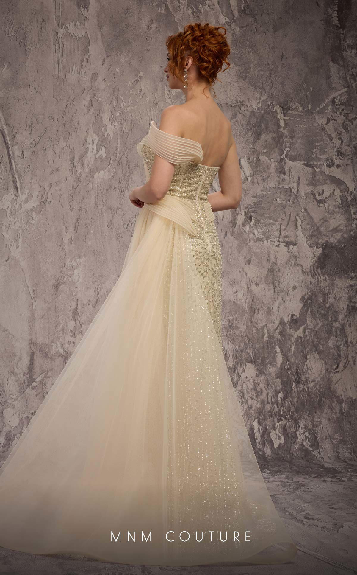 MNM Couture Q1405 Beige Beaded Asymmetrical Strap Gown with Airy Side Train