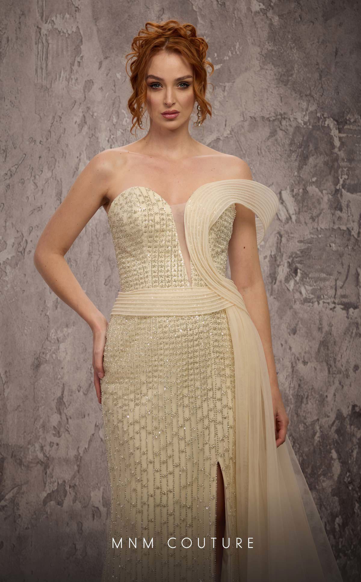 MNM Couture Q1405 Beige Beaded Asymmetrical Strap Gown with Airy Side Train
