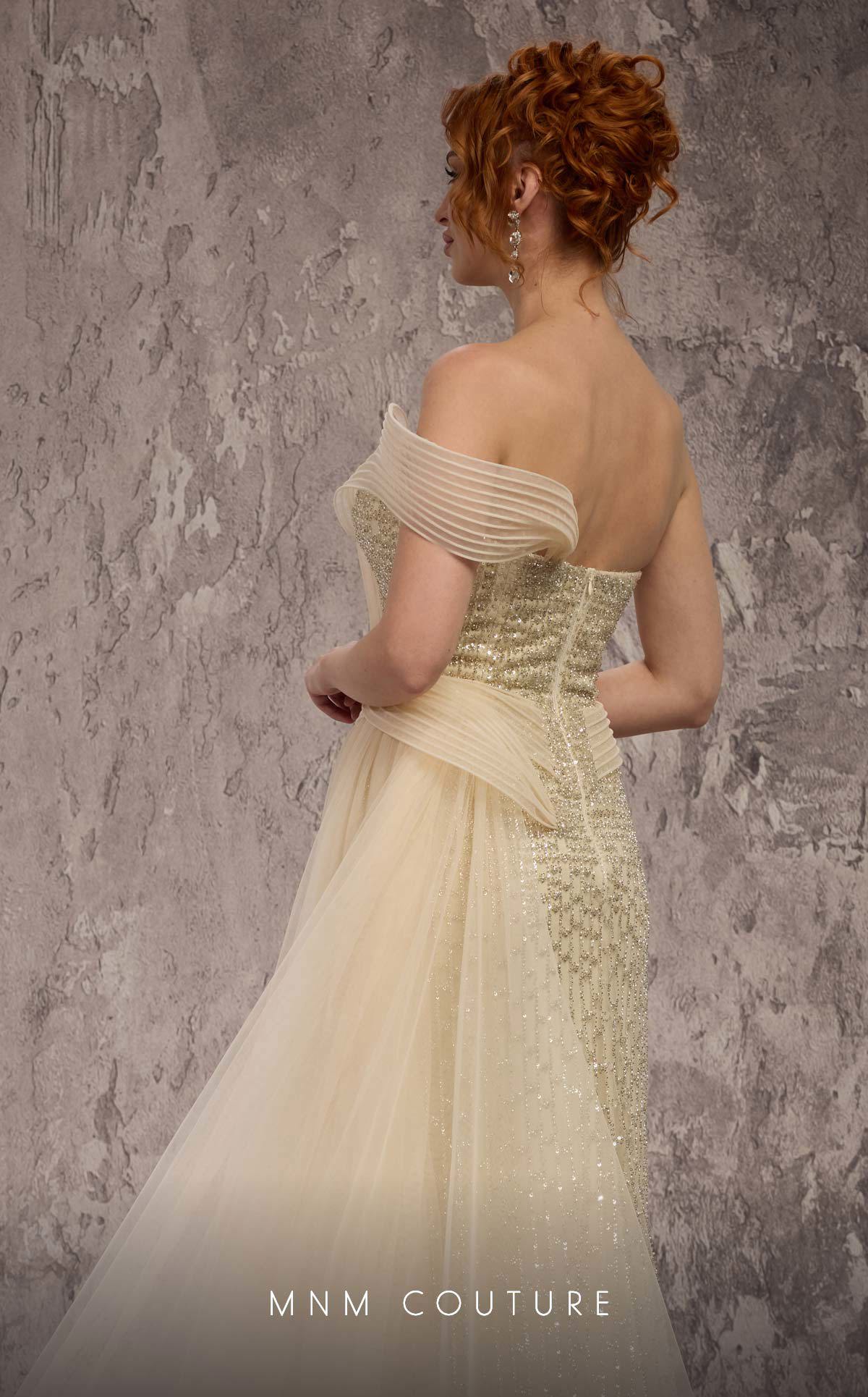 MNM Couture Q1405 Beige Beaded Asymmetrical Strap Gown with Airy Side Train