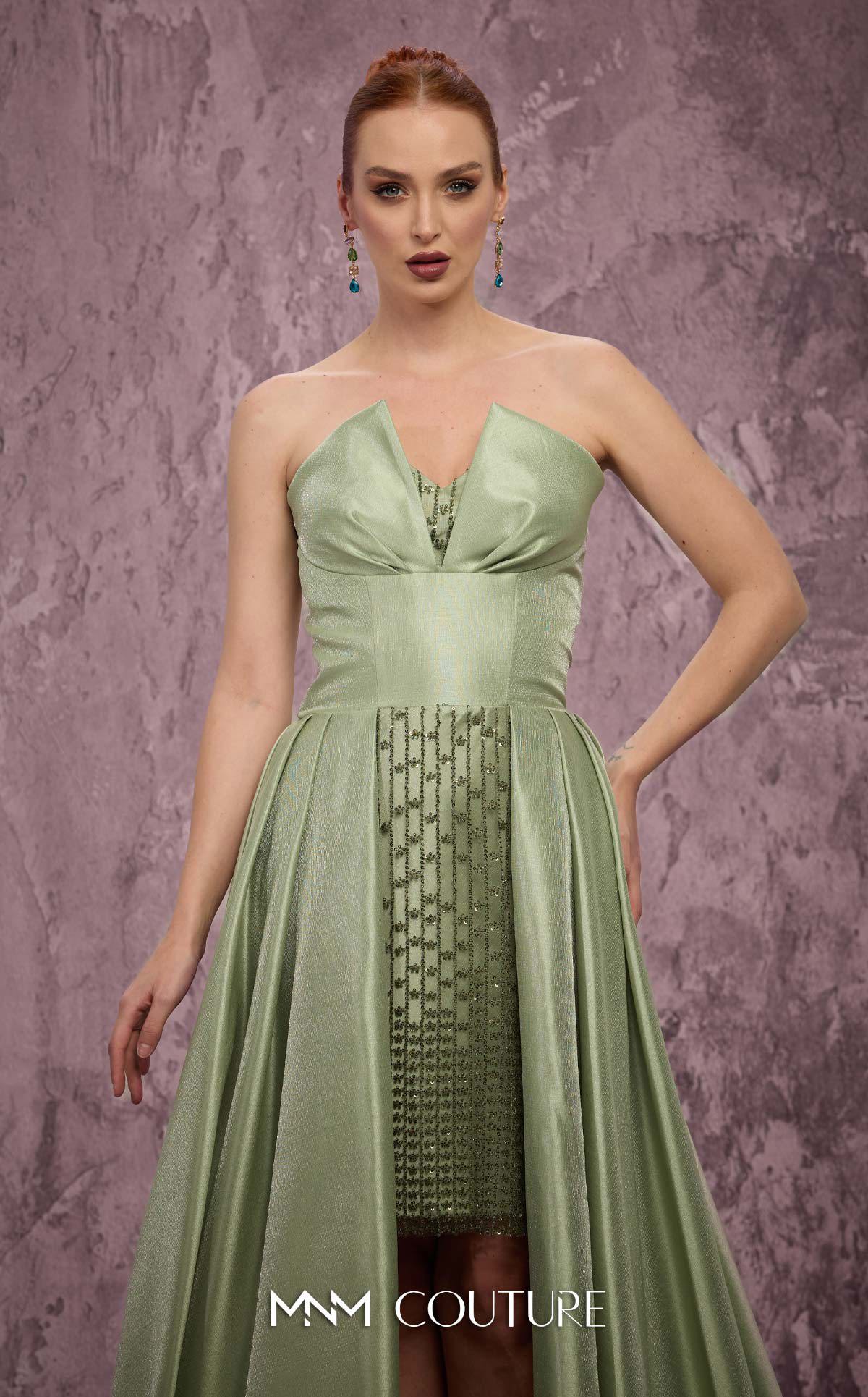 MNM Couture Q2024 Green Strapless Taffeta High-Low Gown