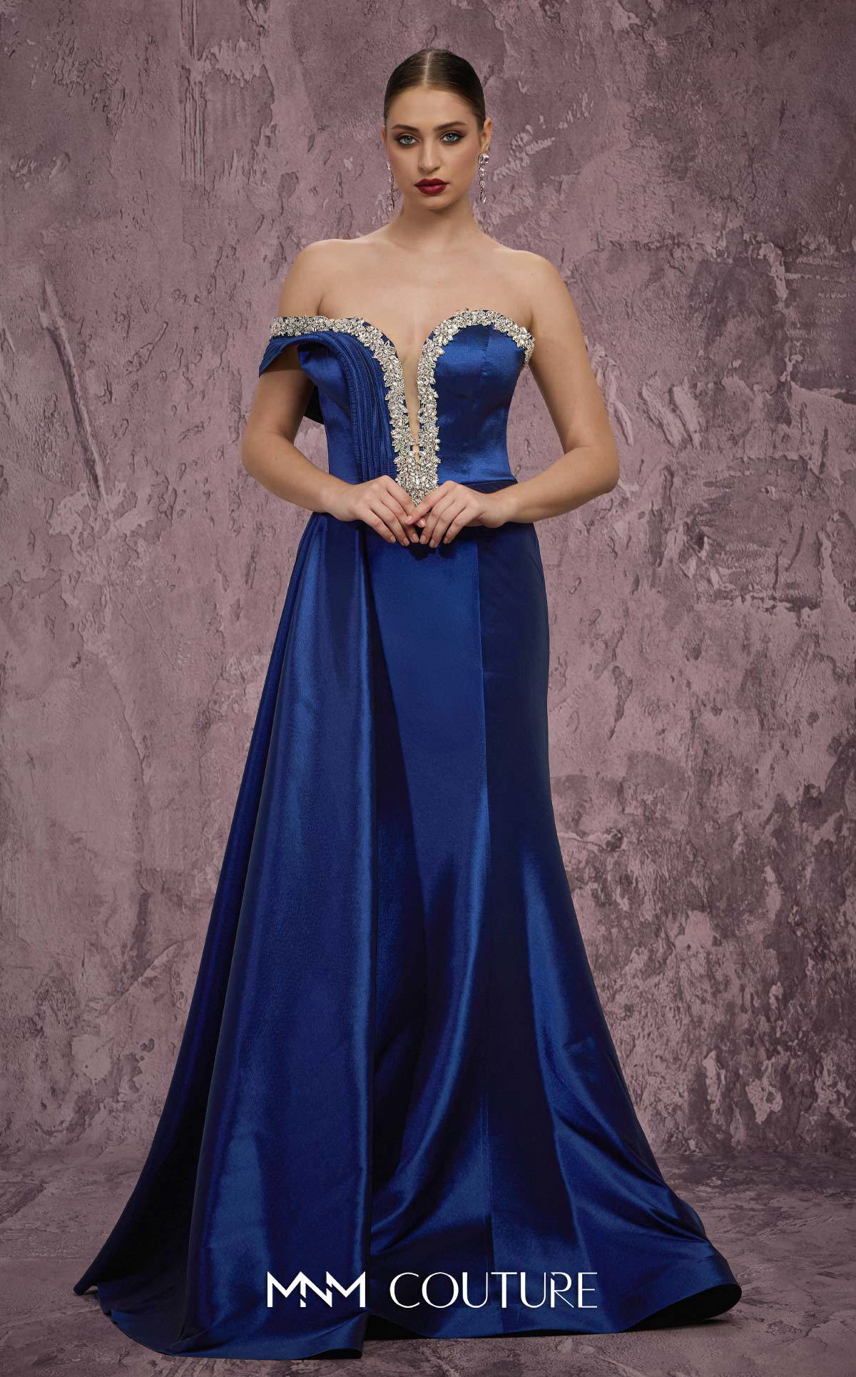 MNM Couture Q2414 Navy Off the Shoulder Embellished Taffeta Mermaid Gown