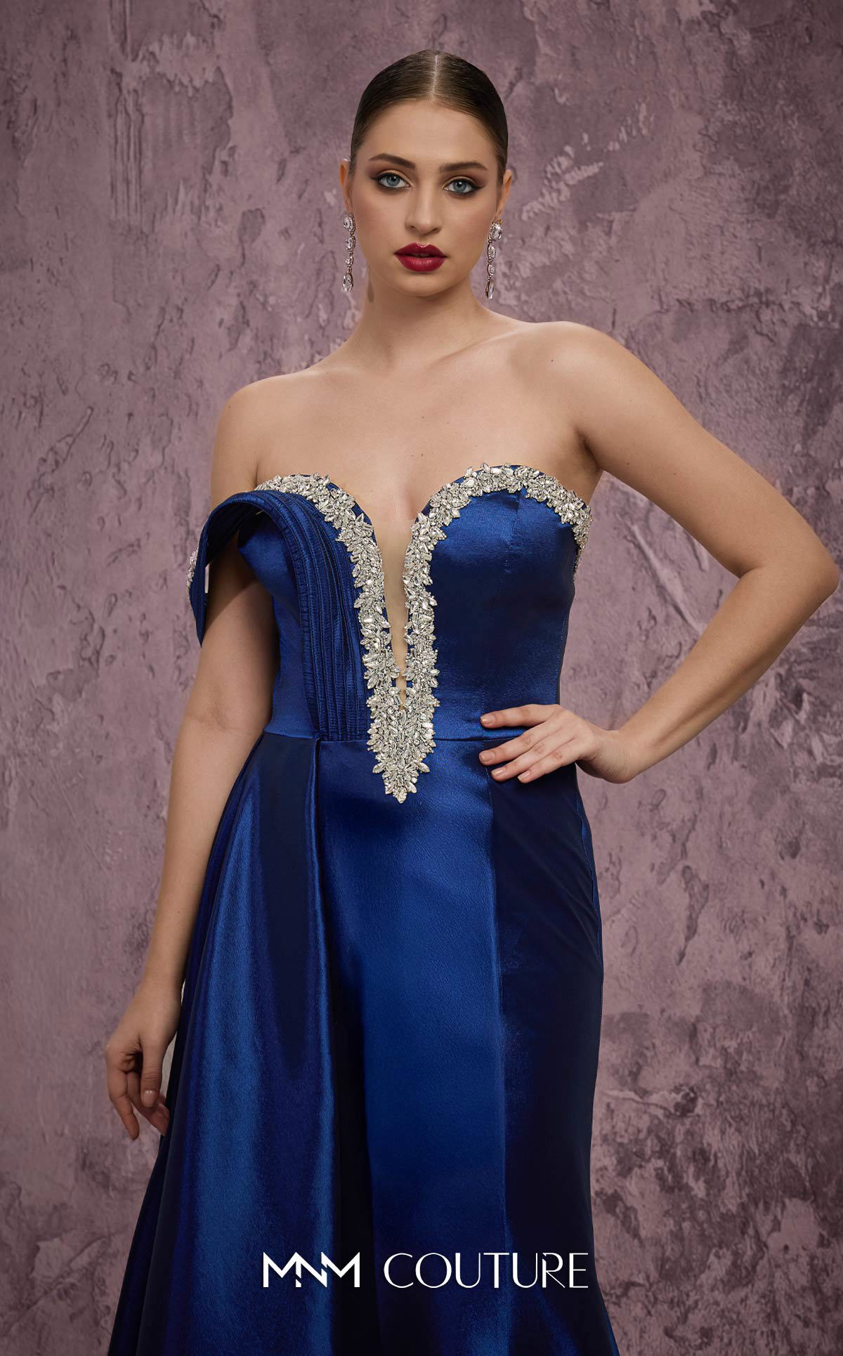 MNM Couture Q2414 Navy Off the Shoulder Embellished Taffeta Mermaid Gown