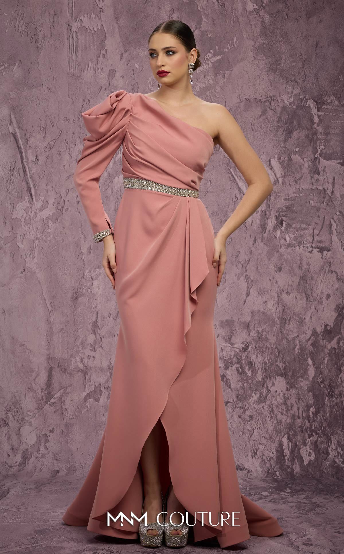 MNM Couture Q2851 Pink One-Sleeve Embellished Crepe Gown with Cascading Wrap Skirt