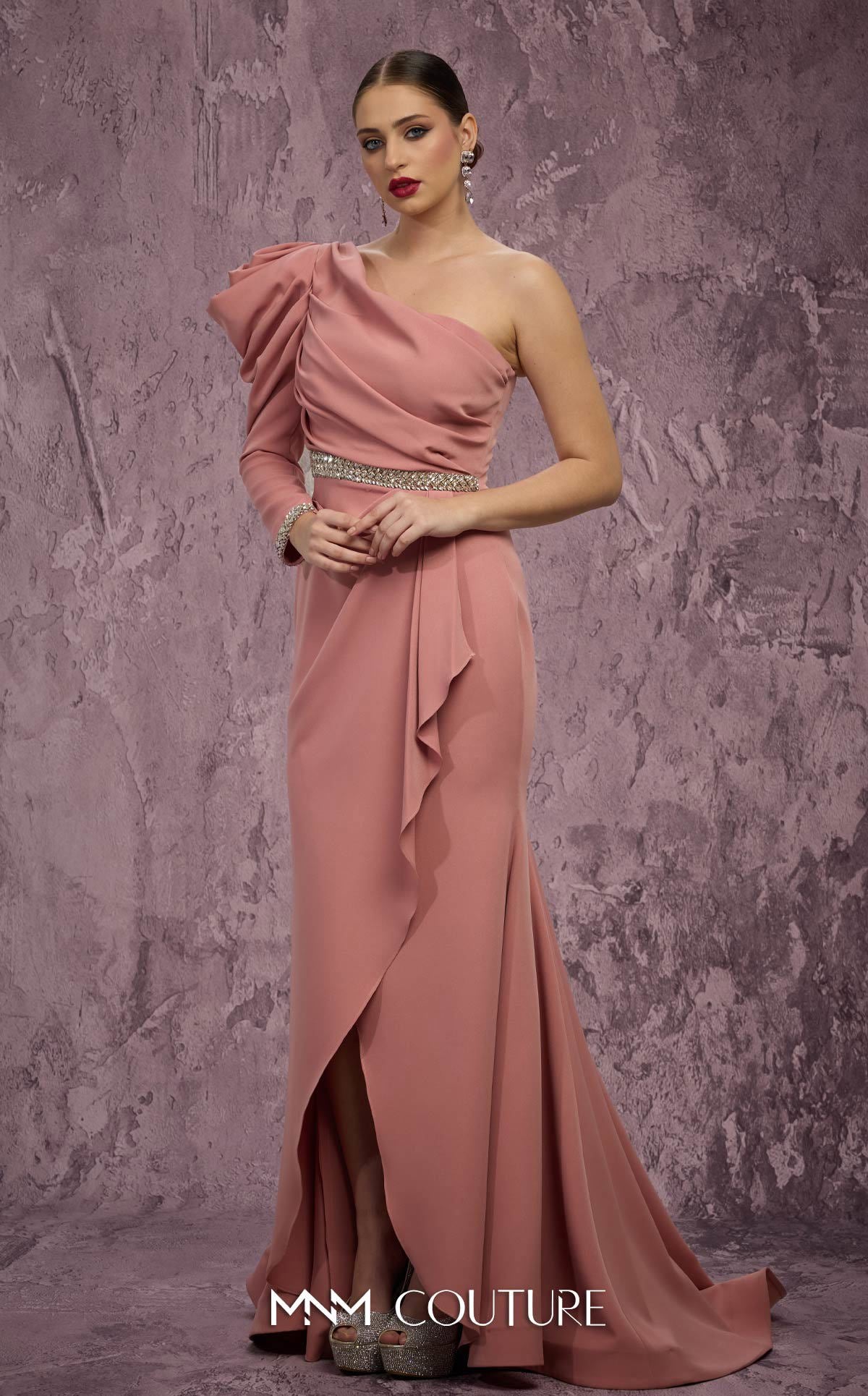 MNM Couture Q2851 Pink One-Sleeve Embellished Crepe Gown with Cascading Wrap Skirt