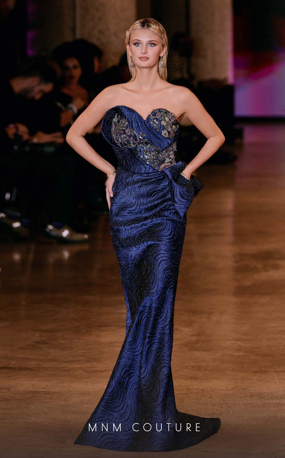 MNM Couture Q2908 Black Embellished Strapless Brocade Mermaid Gown