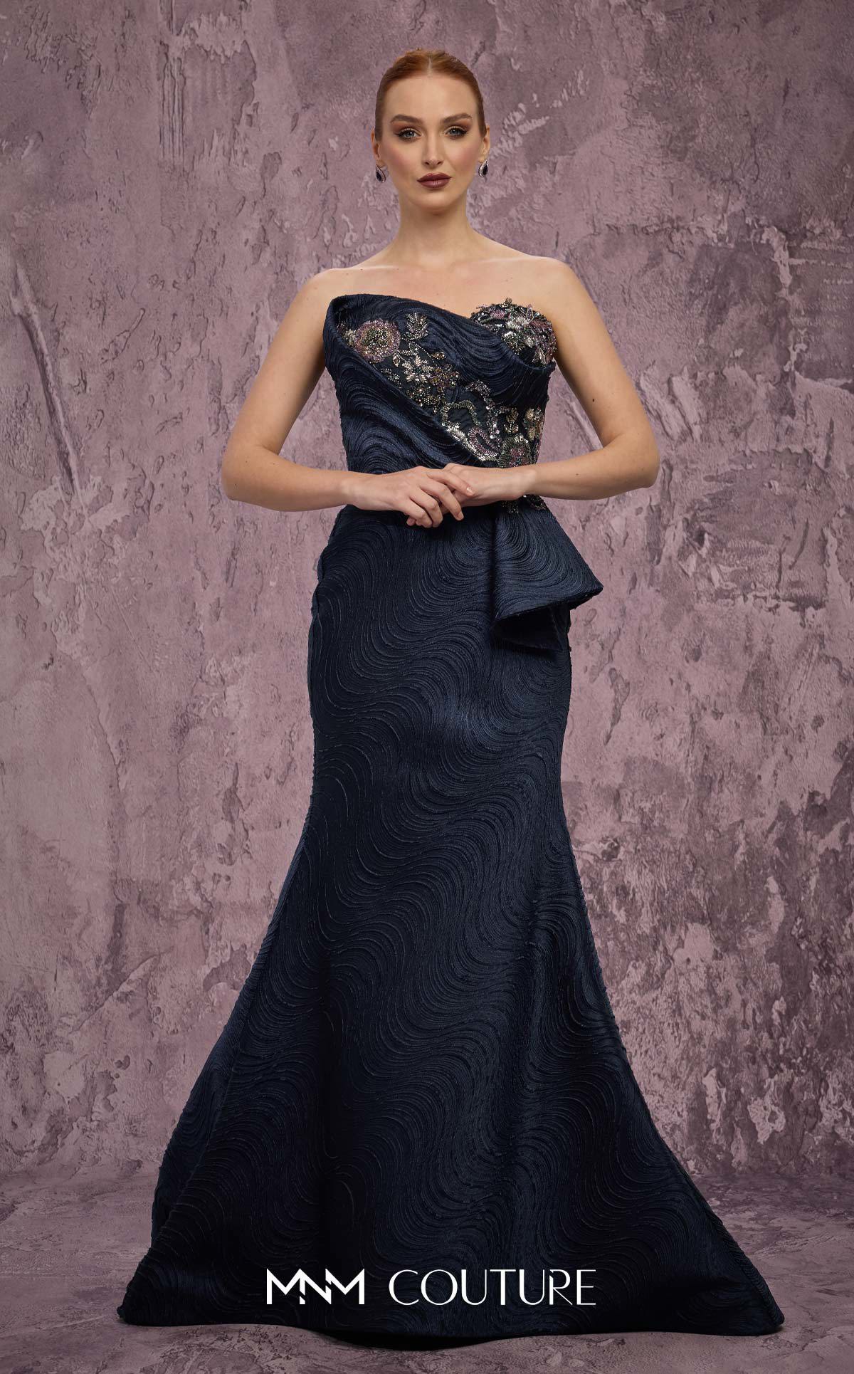 MNM Couture Q2908 Black Embellished Strapless Brocade Mermaid Gown