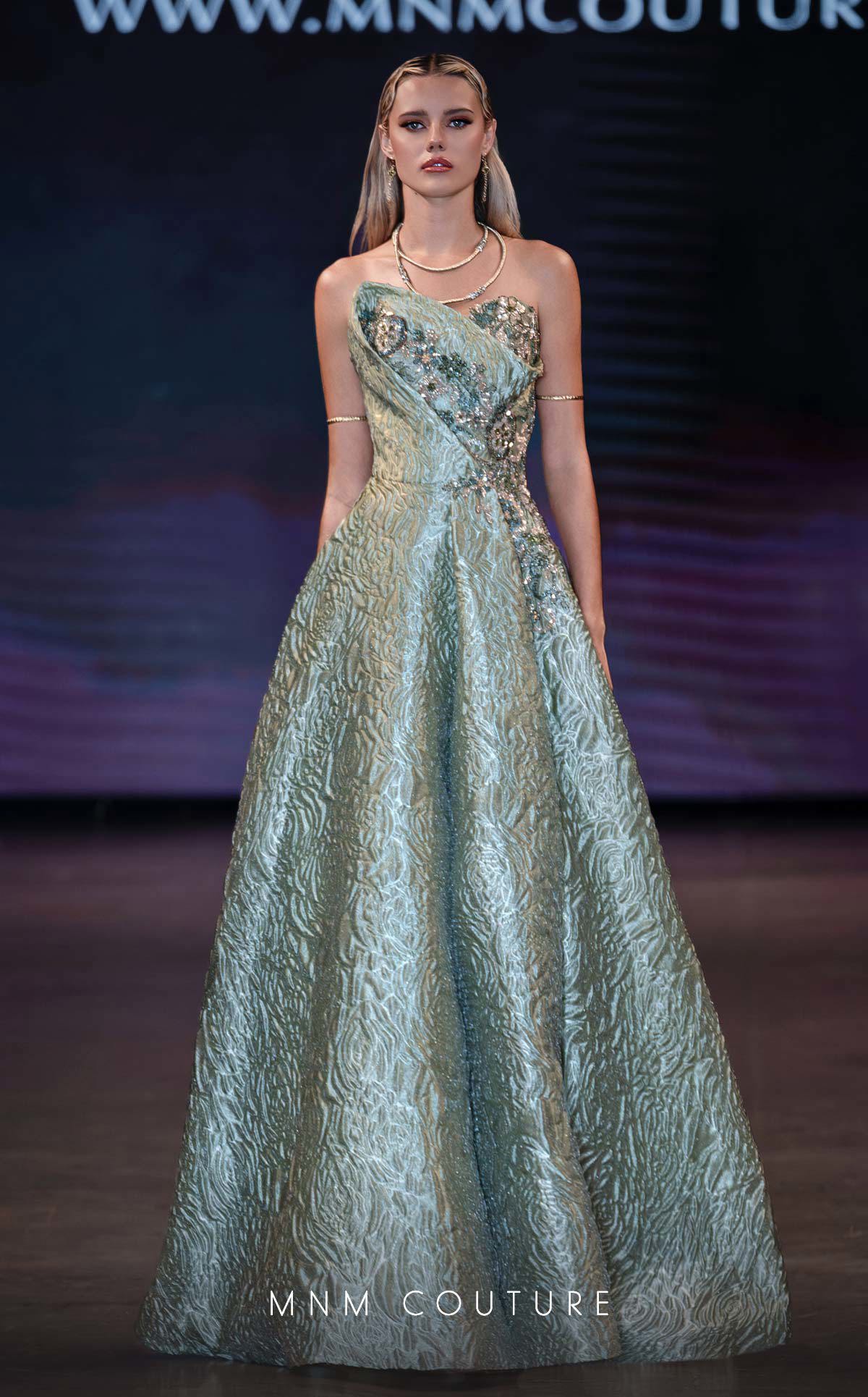 MNM Couture Q3355 Green Strapless Metallic Brocade A-line Dress