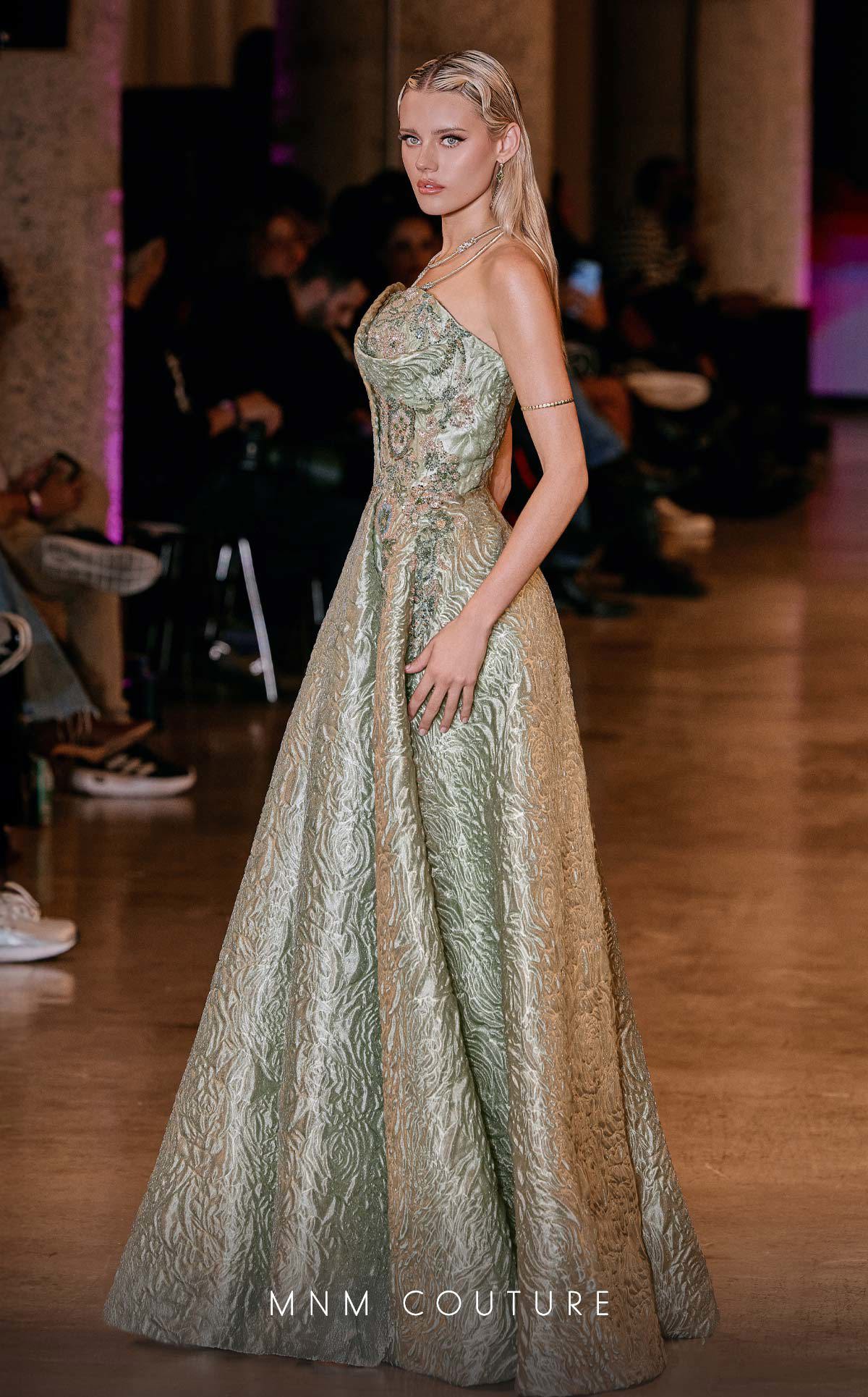 MNM Couture Q3355 Green Strapless Metallic Brocade A-line Dress