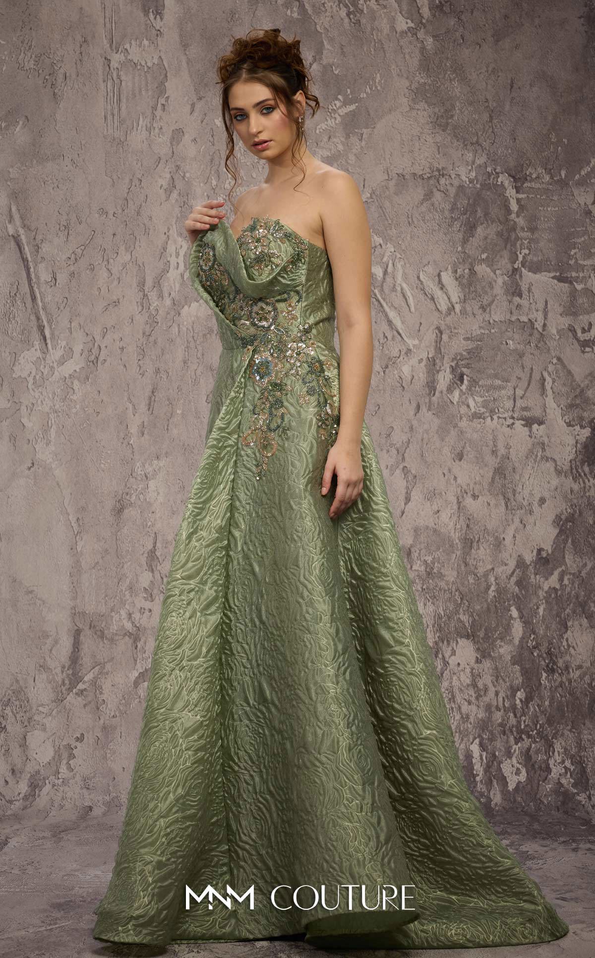 MNM Couture Q3355 Green Strapless Metallic Brocade A-line Dress