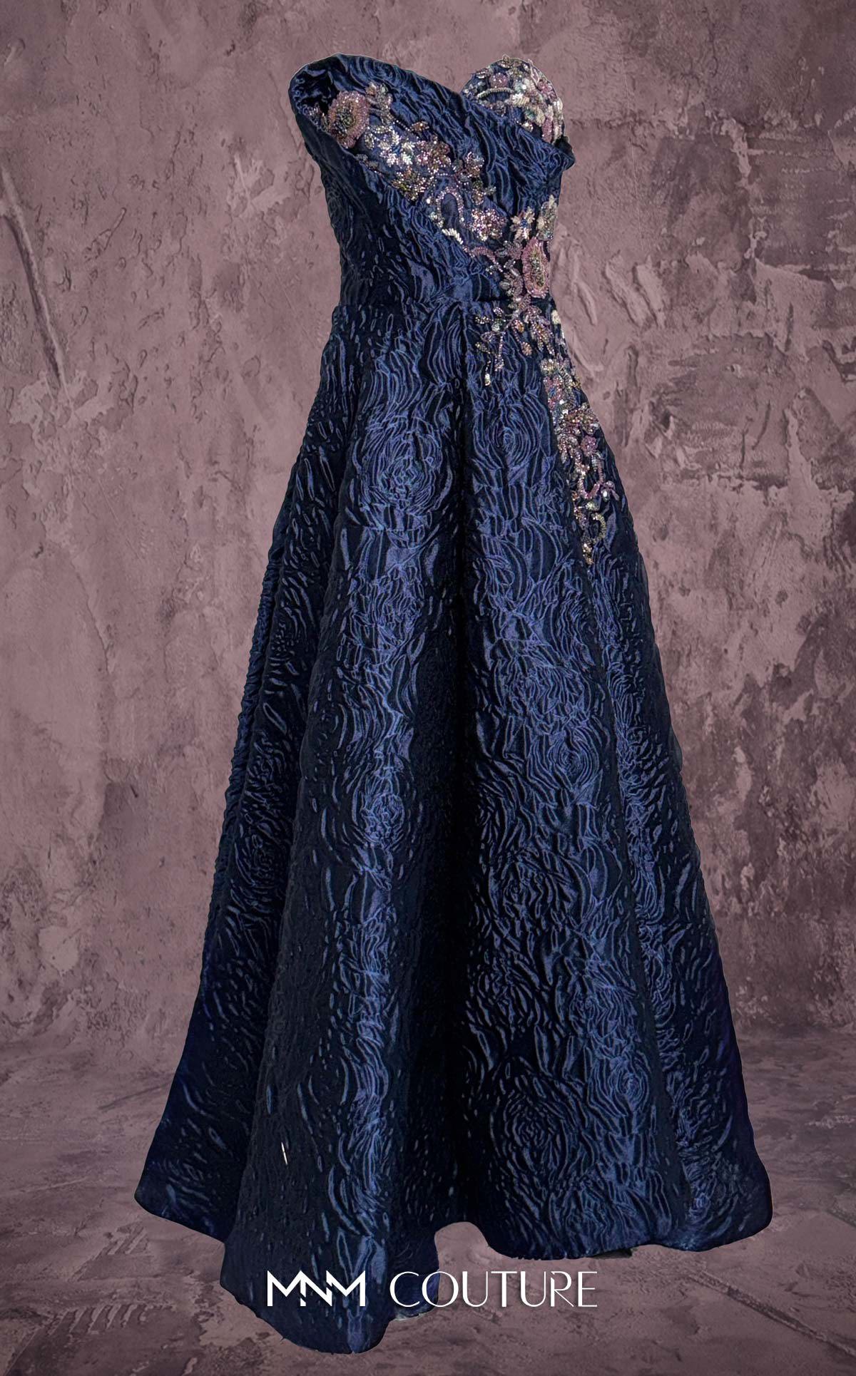 MNM Couture Q3355 Green Strapless Metallic Brocade A-line Dress