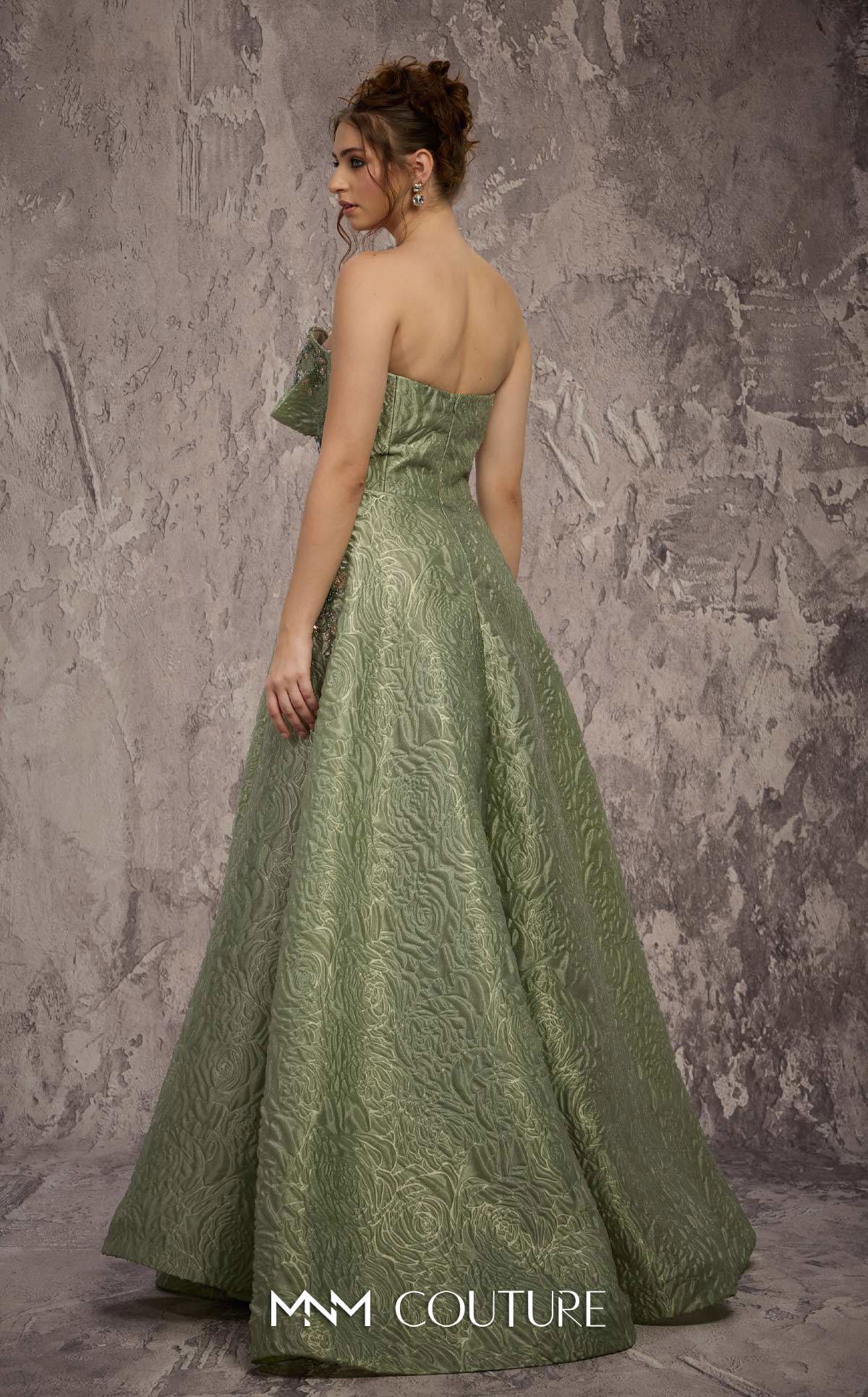 MNM Couture Q3355 Green Strapless Metallic Brocade A-line Dress