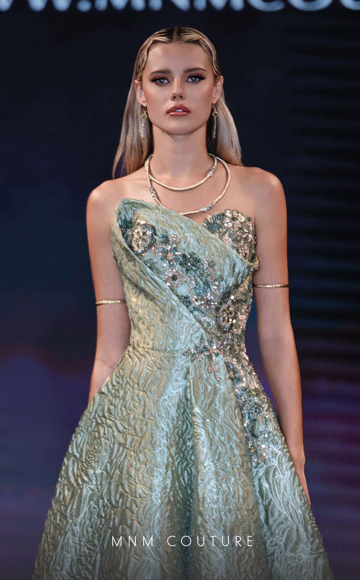MNM Couture Q3355 Green Strapless Metallic Brocade A-line Dress