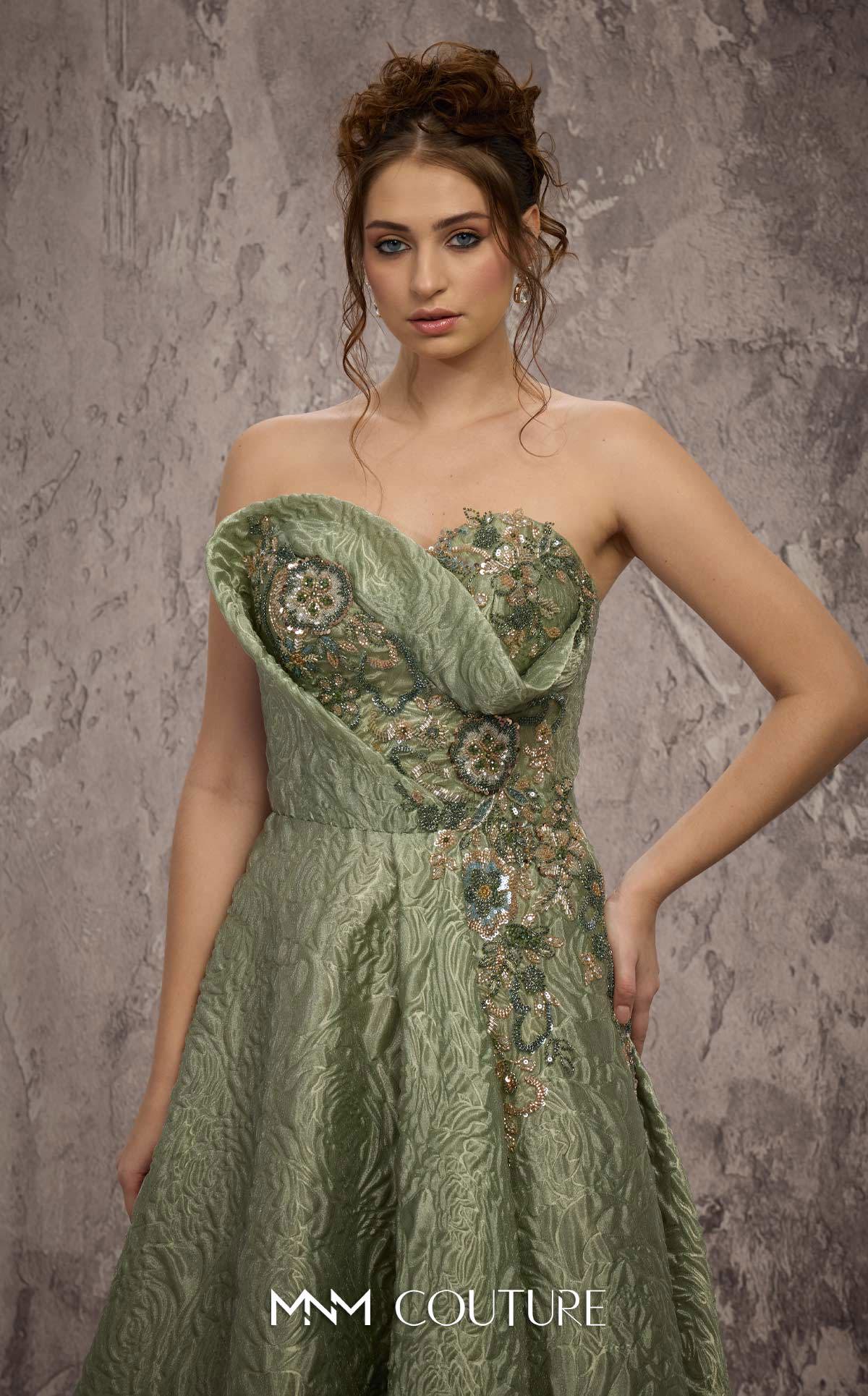 MNM Couture Q3355 Green Strapless Metallic Brocade A-line Dress