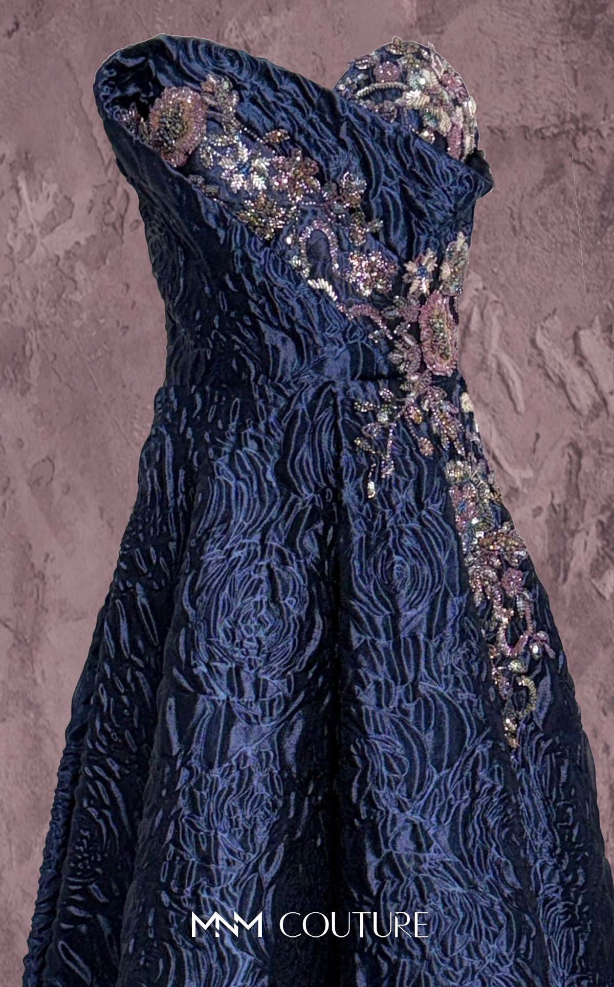 MNM Couture Q3355 Green Strapless Metallic Brocade A-line Dress