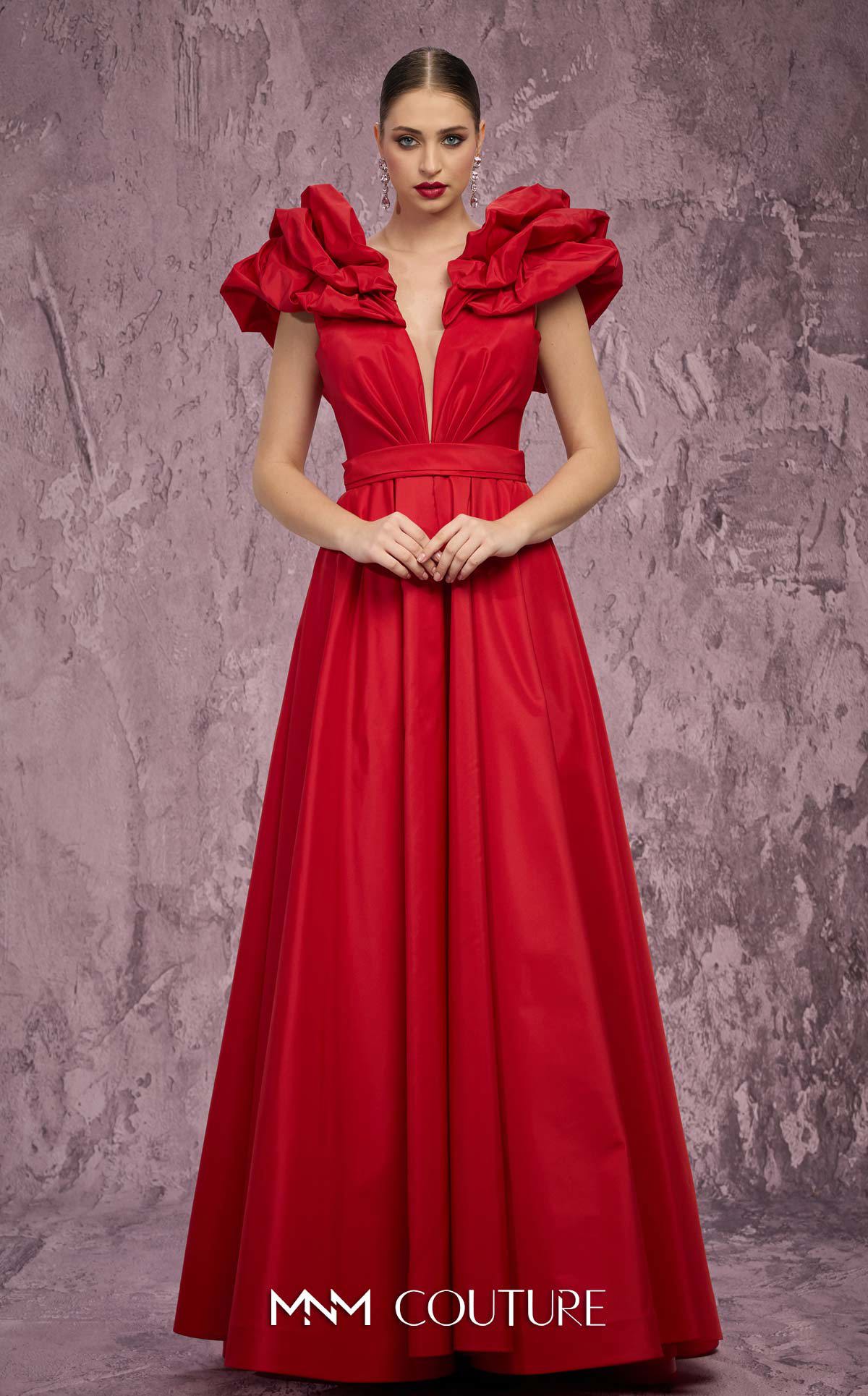 MNM Couture Q4363 Red Taffeta A-Line Gown with Peplum Shoulders
