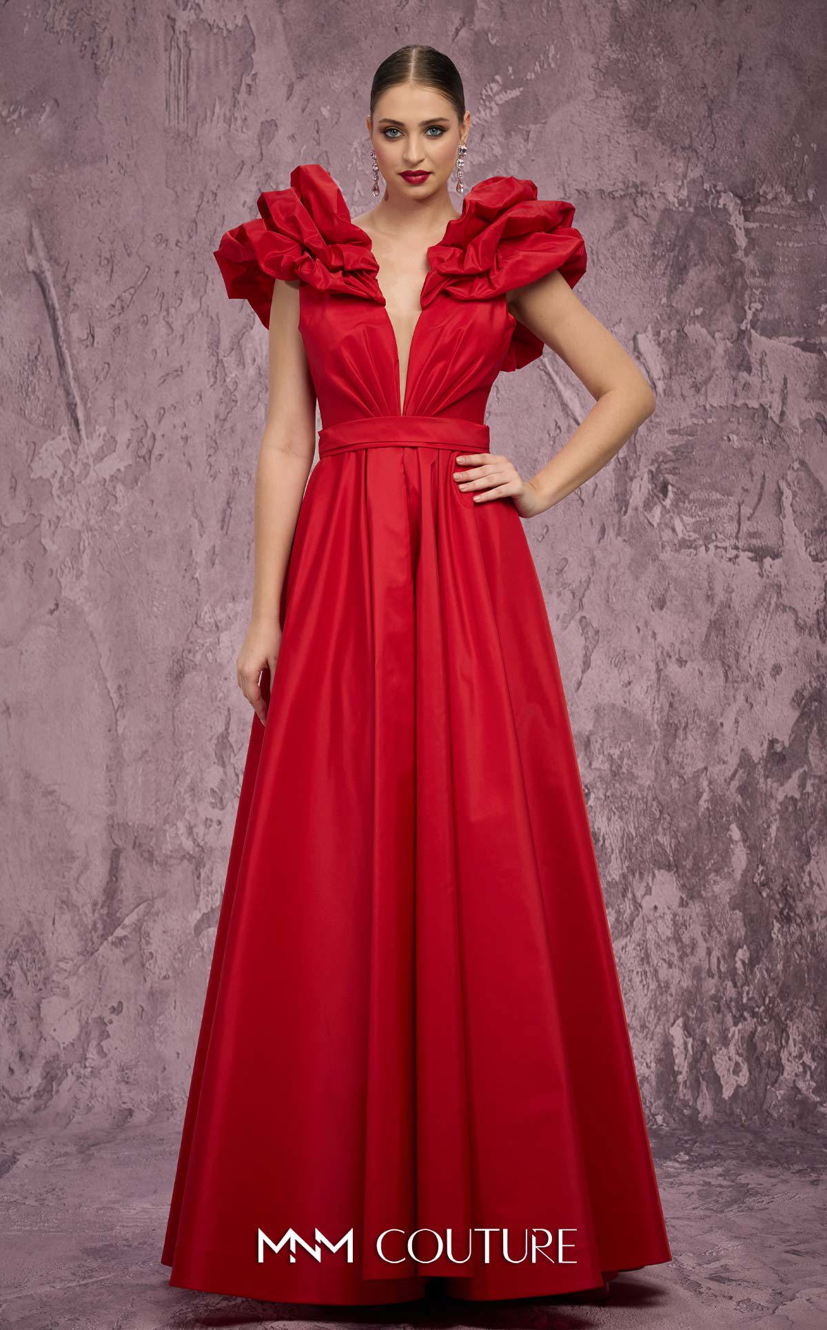 MNM Couture Q4363 Red Taffeta A-Line Gown with Peplum Shoulders