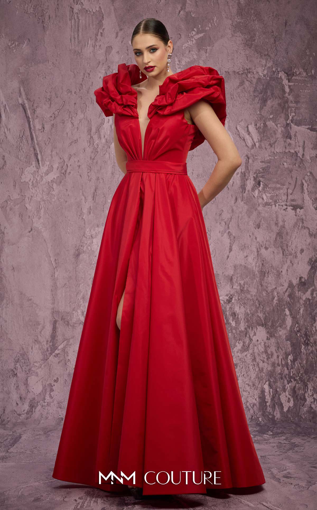 MNM Couture Q4363 Red Taffeta A-Line Gown with Peplum Shoulders