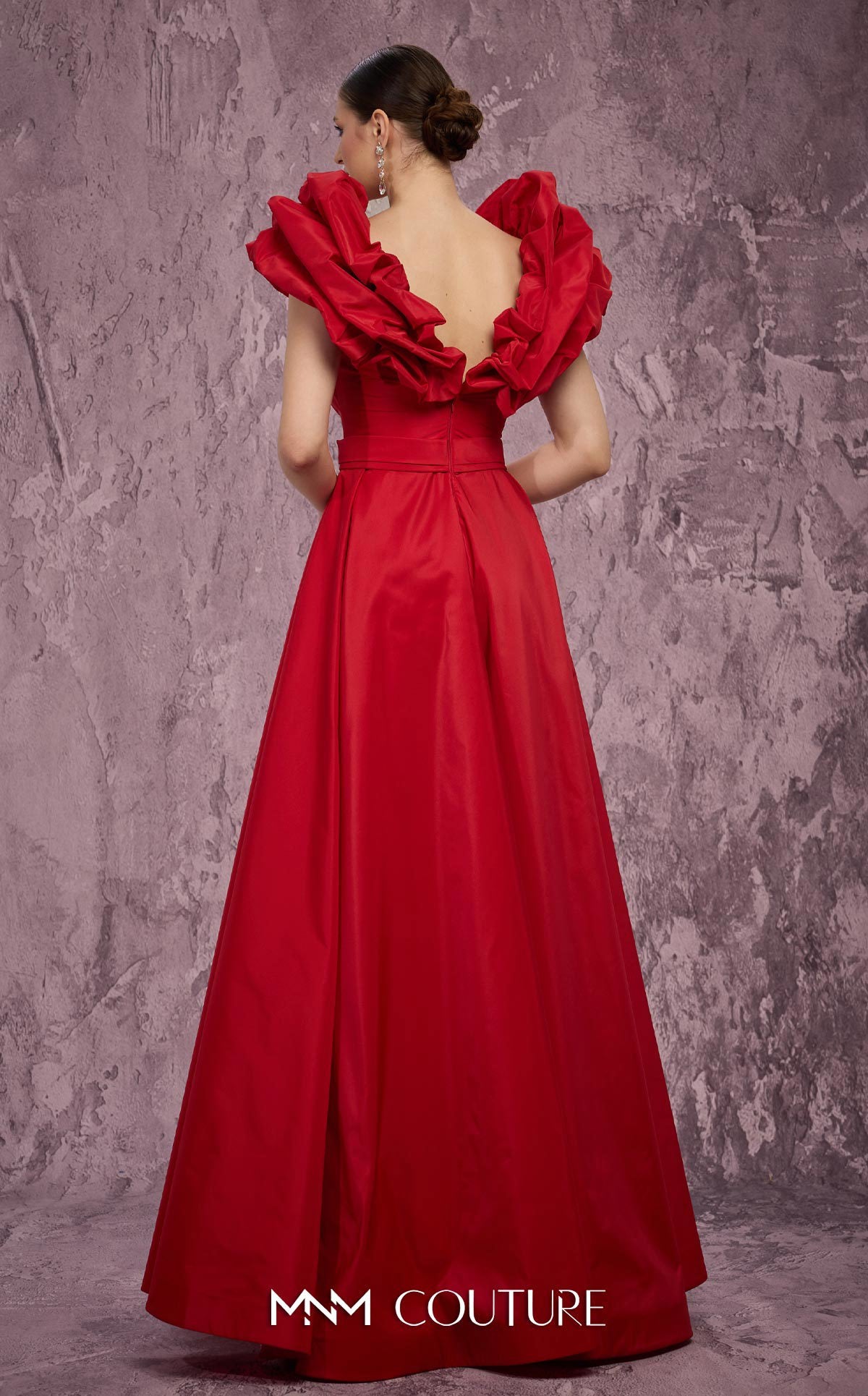 MNM Couture Q4363 Red Taffeta A-Line Gown with Peplum Shoulders