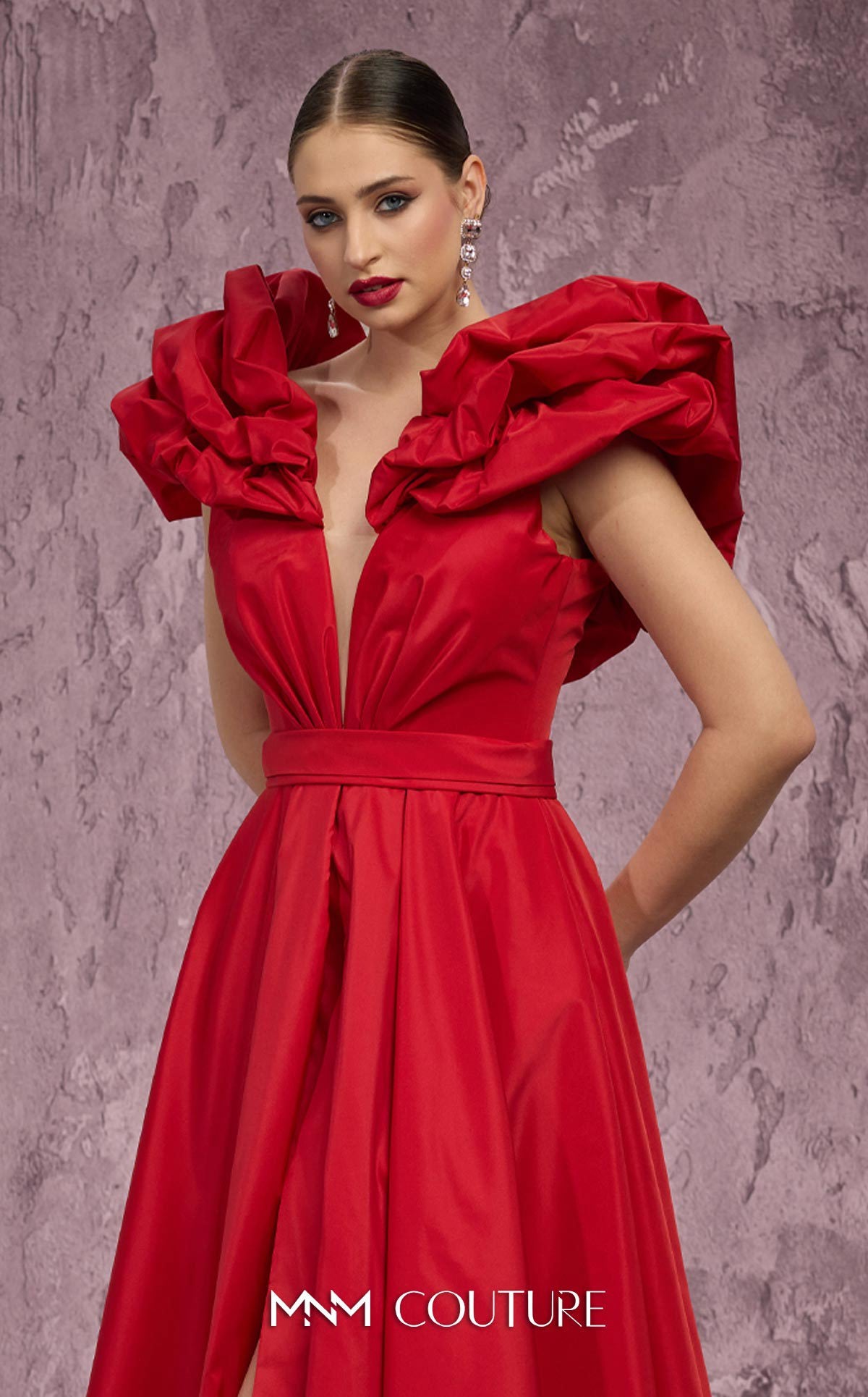 MNM Couture Q4363 Red Taffeta A-Line Gown with Peplum Shoulders