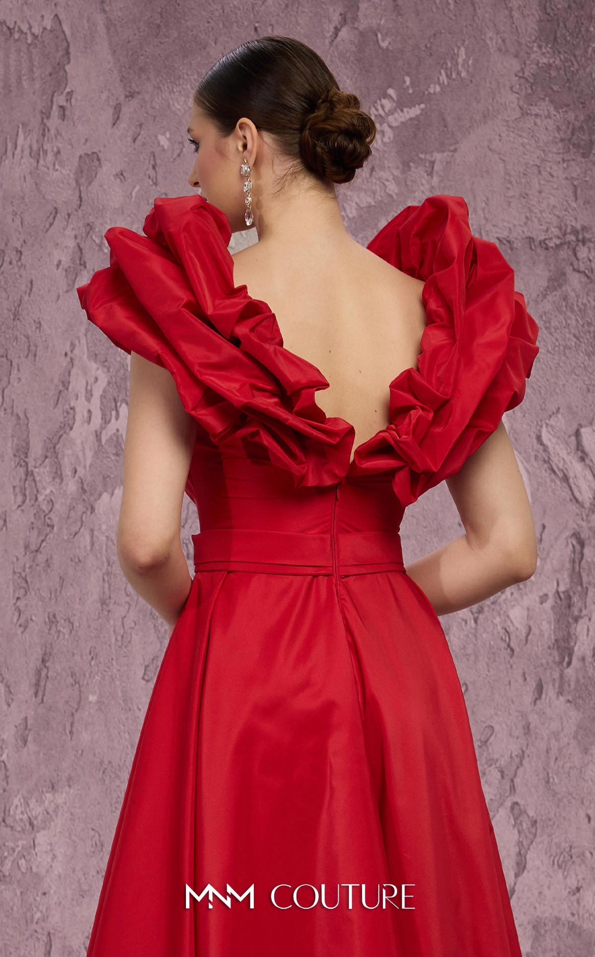 MNM Couture Q4363 Red Taffeta A-Line Gown with Peplum Shoulders