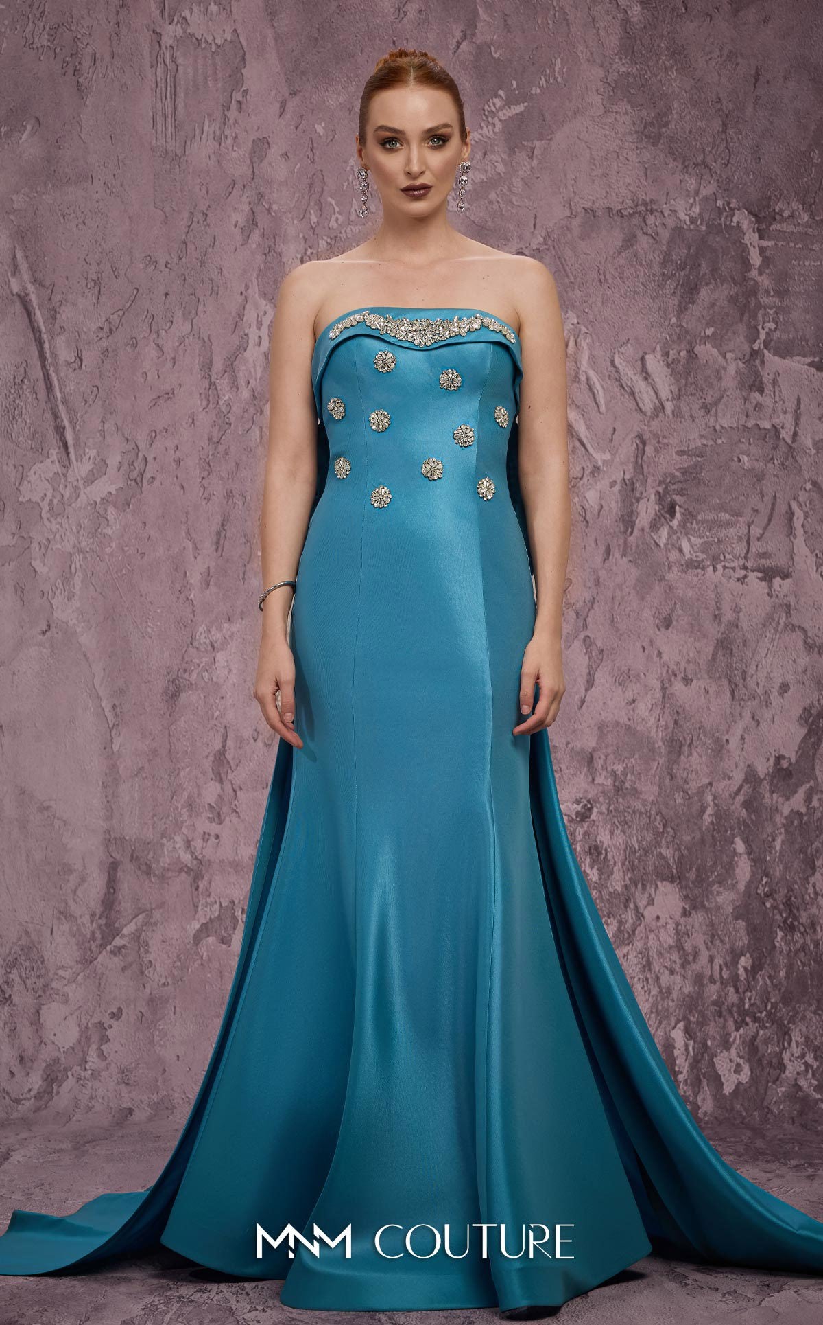 MNM Couture Q5574 Green Strapless Mermaid Gown with Jeweled Bodice and Bow Train