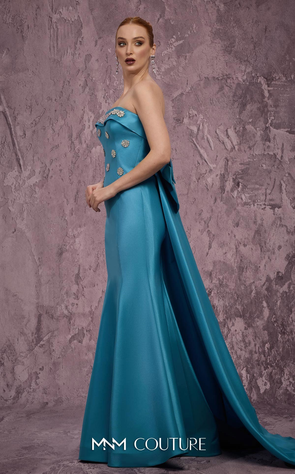 MNM Couture Q5574 Green Strapless Mermaid Gown with Jeweled Bodice and Bow Train