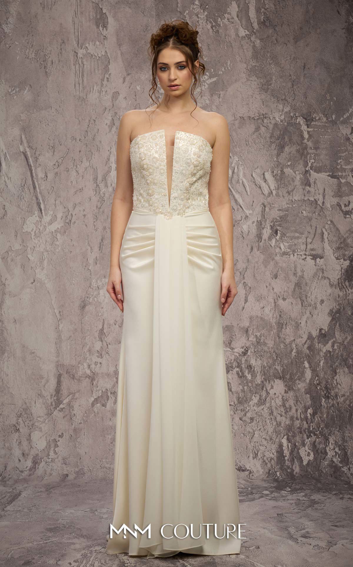 MNM Couture Q7545 White Beaded Sweetheart Gown with Pleated Ruched Hips