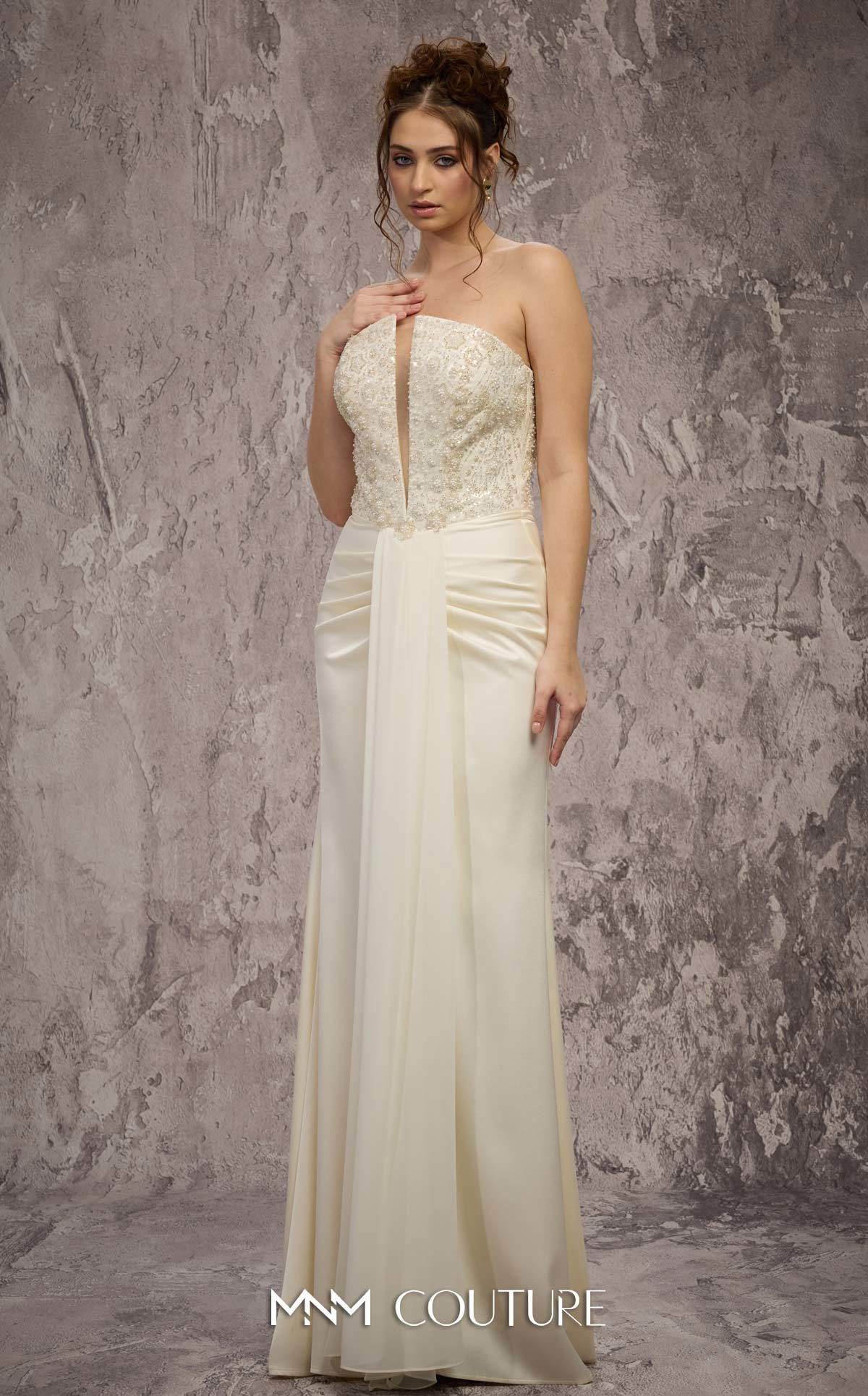 MNM Couture Q7545 White Beaded Sweetheart Gown with Pleated Ruched Hips