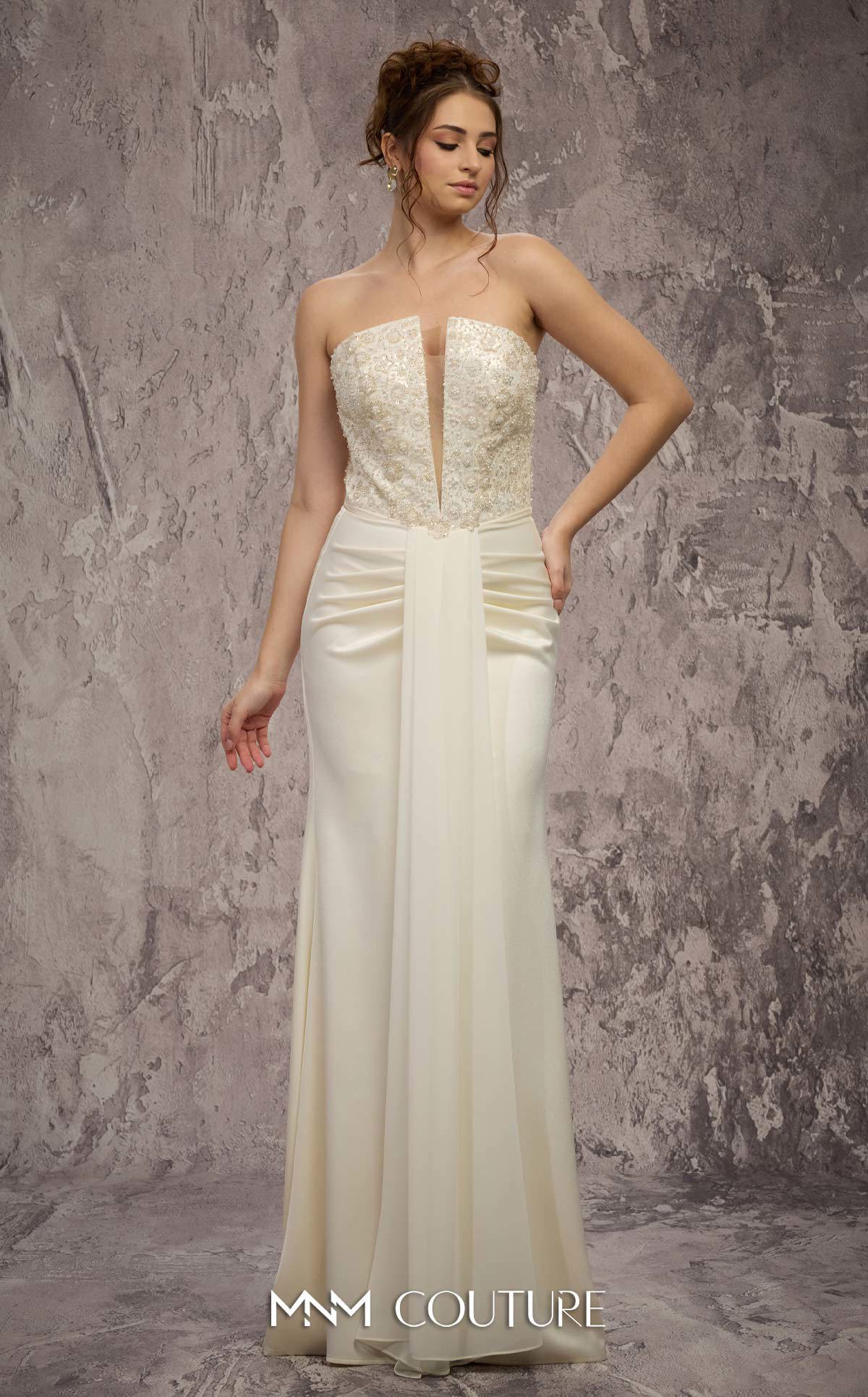 MNM Couture Q7545 White Beaded Sweetheart Gown with Pleated Ruched Hips