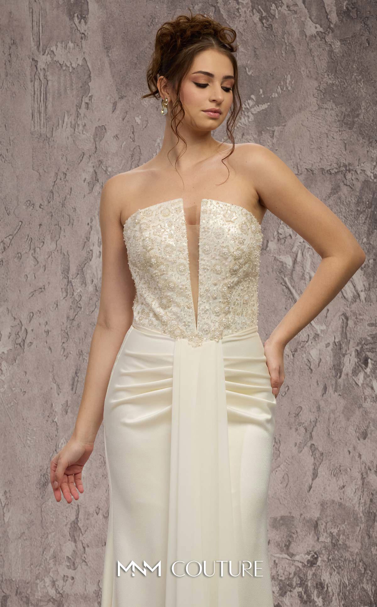 MNM Couture Q7545 White Beaded Sweetheart Gown with Pleated Ruched Hips