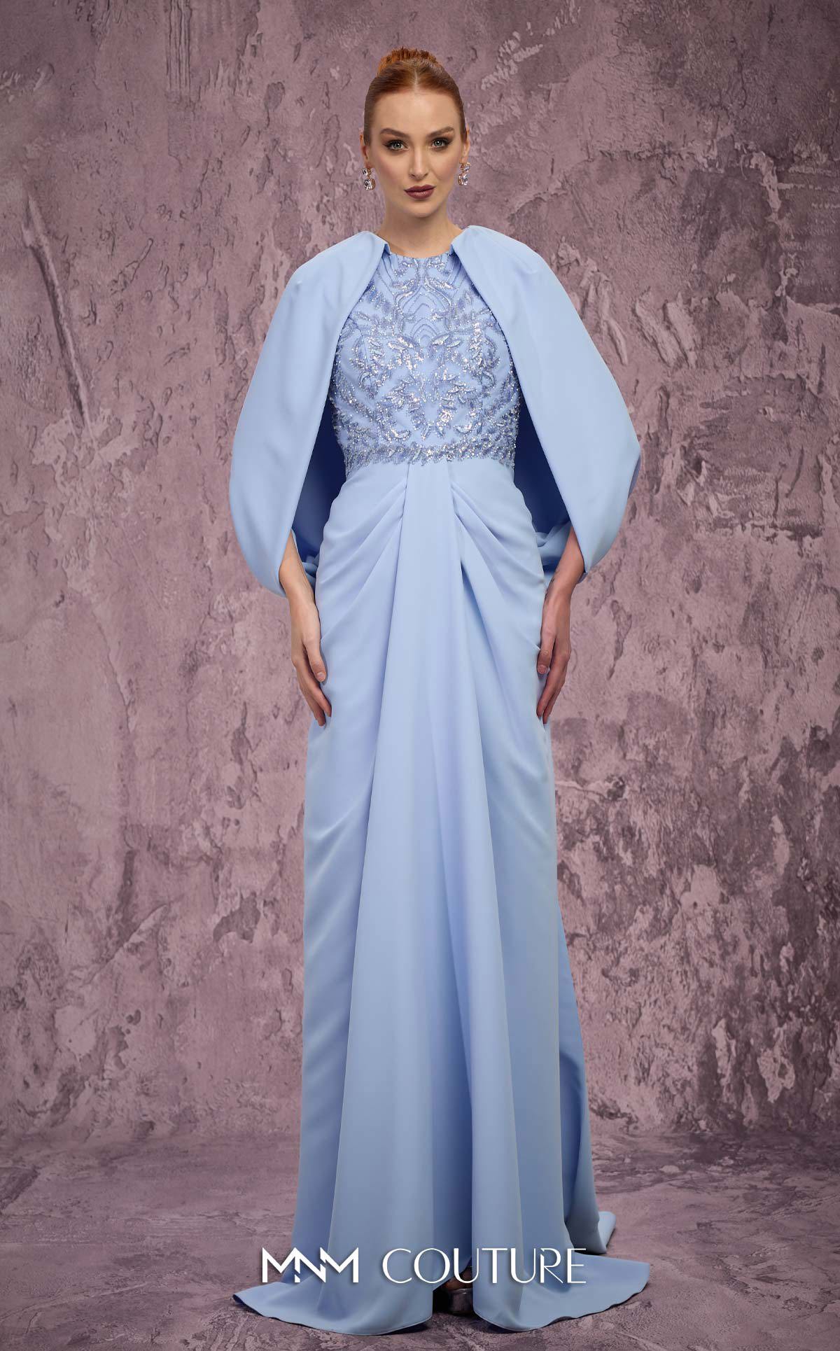 MNM Couture Q7615 Blue Embellished High-Neckline Crepe Gown with Cape Sleeves