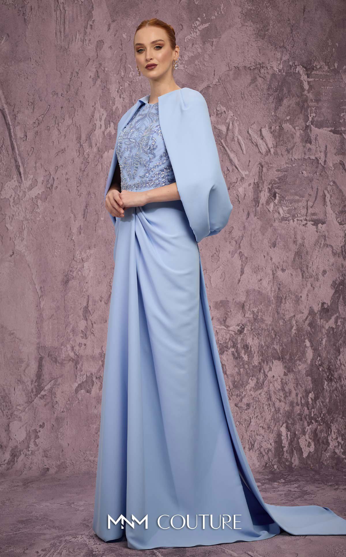MNM Couture Q7615 Blue Embellished High-Neckline Crepe Gown with Cape Sleeves