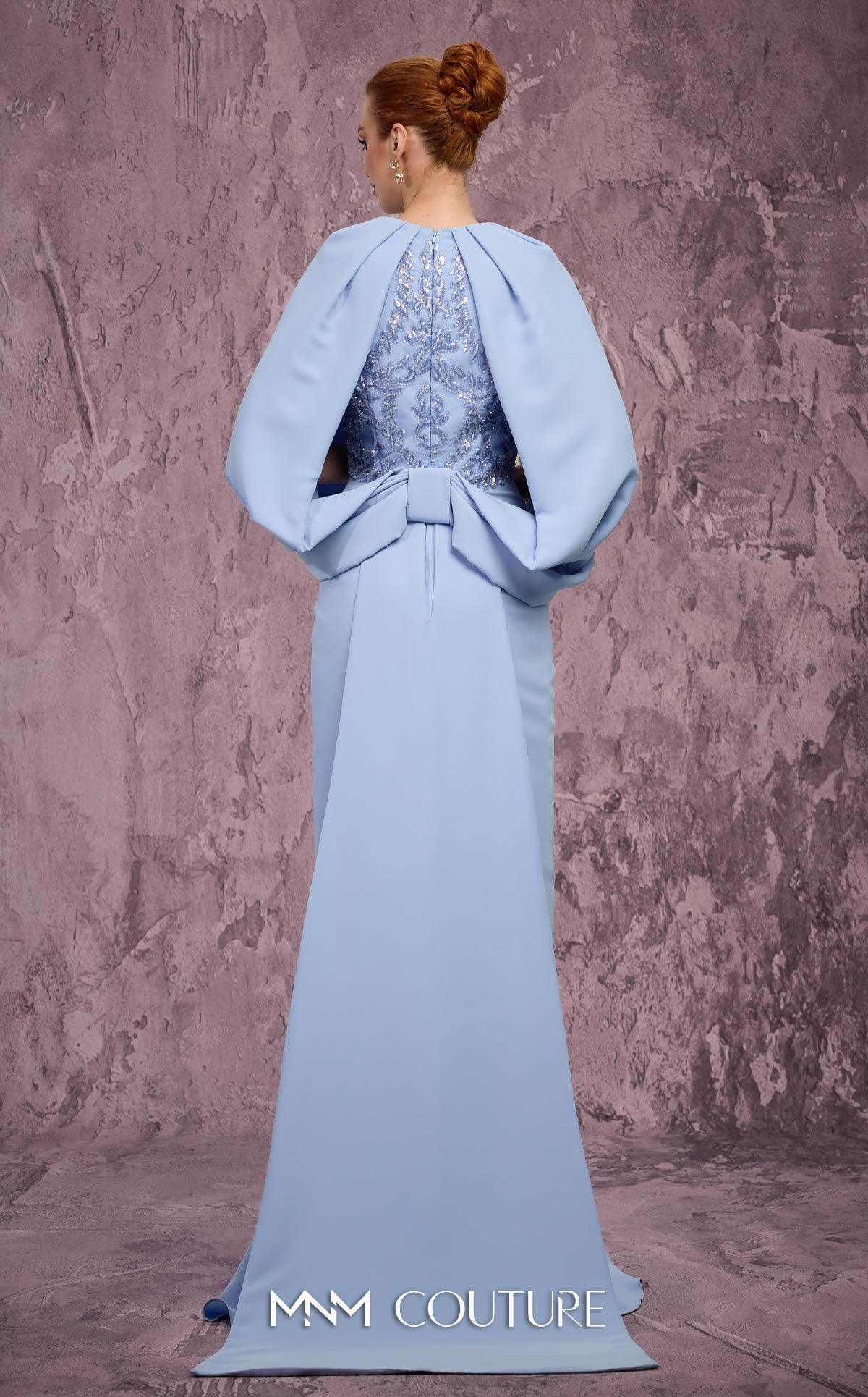 MNM Couture Q7615 Blue Embellished High-Neckline Crepe Gown with Cape Sleeves