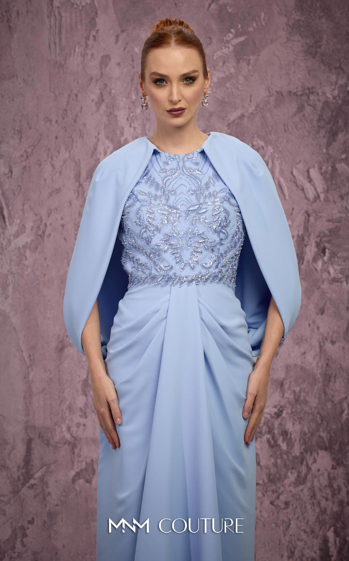 MNM Couture Q7615 Blue Embellished High-Neckline Crepe Gown with Cape Sleeves