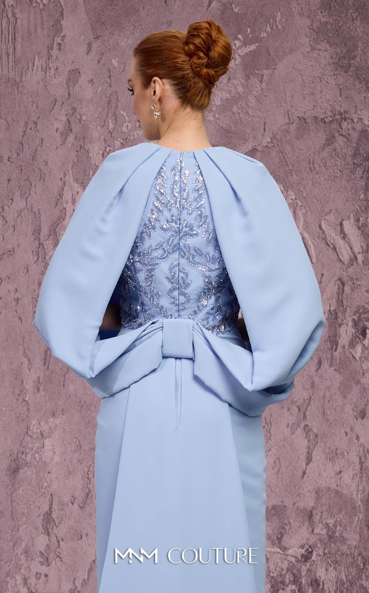 MNM Couture Q7615 Blue Embellished High-Neckline Crepe Gown with Cape Sleeves