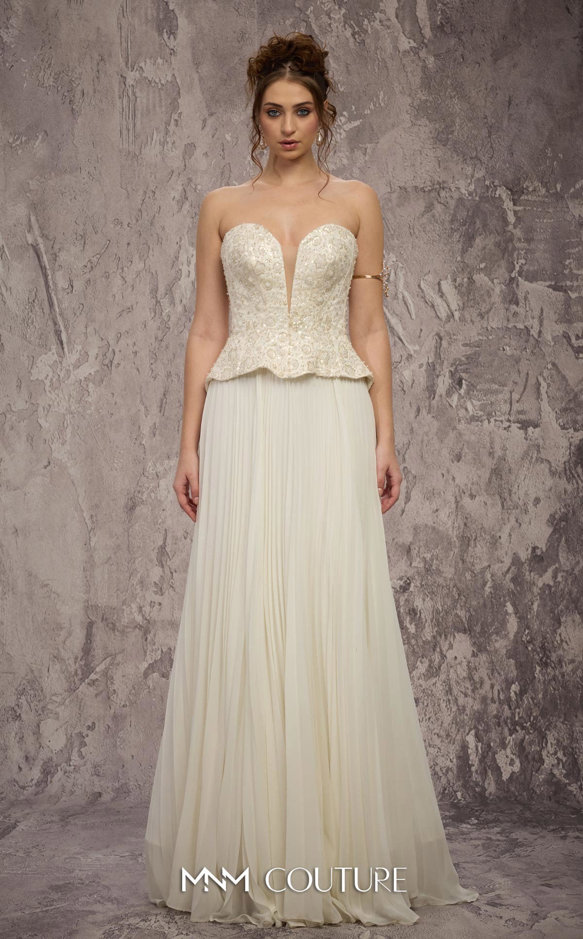 MNM Couture Q7715 White Strapless Sweetheart Neckline Beaded Corset Chiffon A-Line Gown