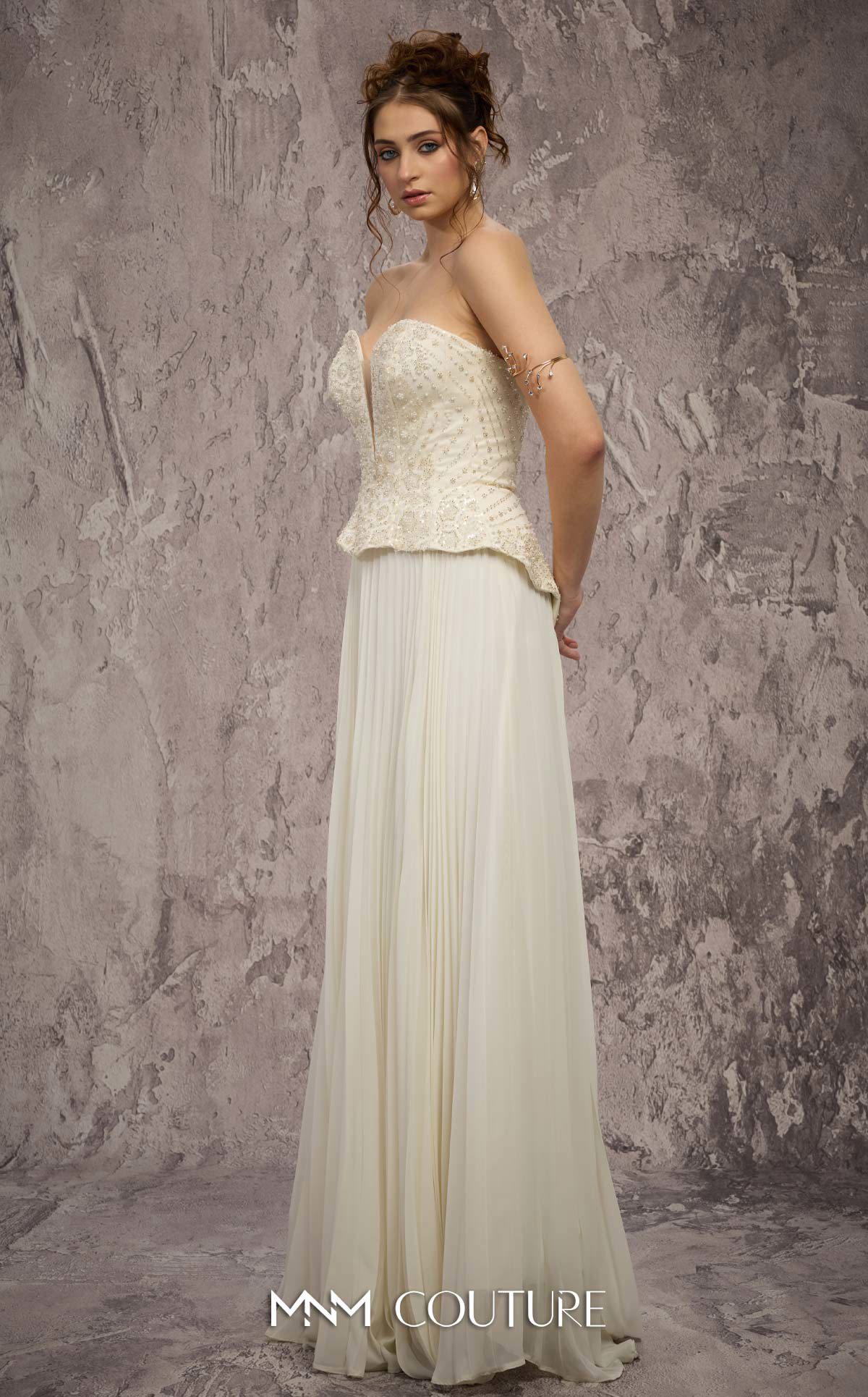 MNM Couture Q7715 White Strapless Sweetheart Neckline Beaded Corset Chiffon A-Line Gown